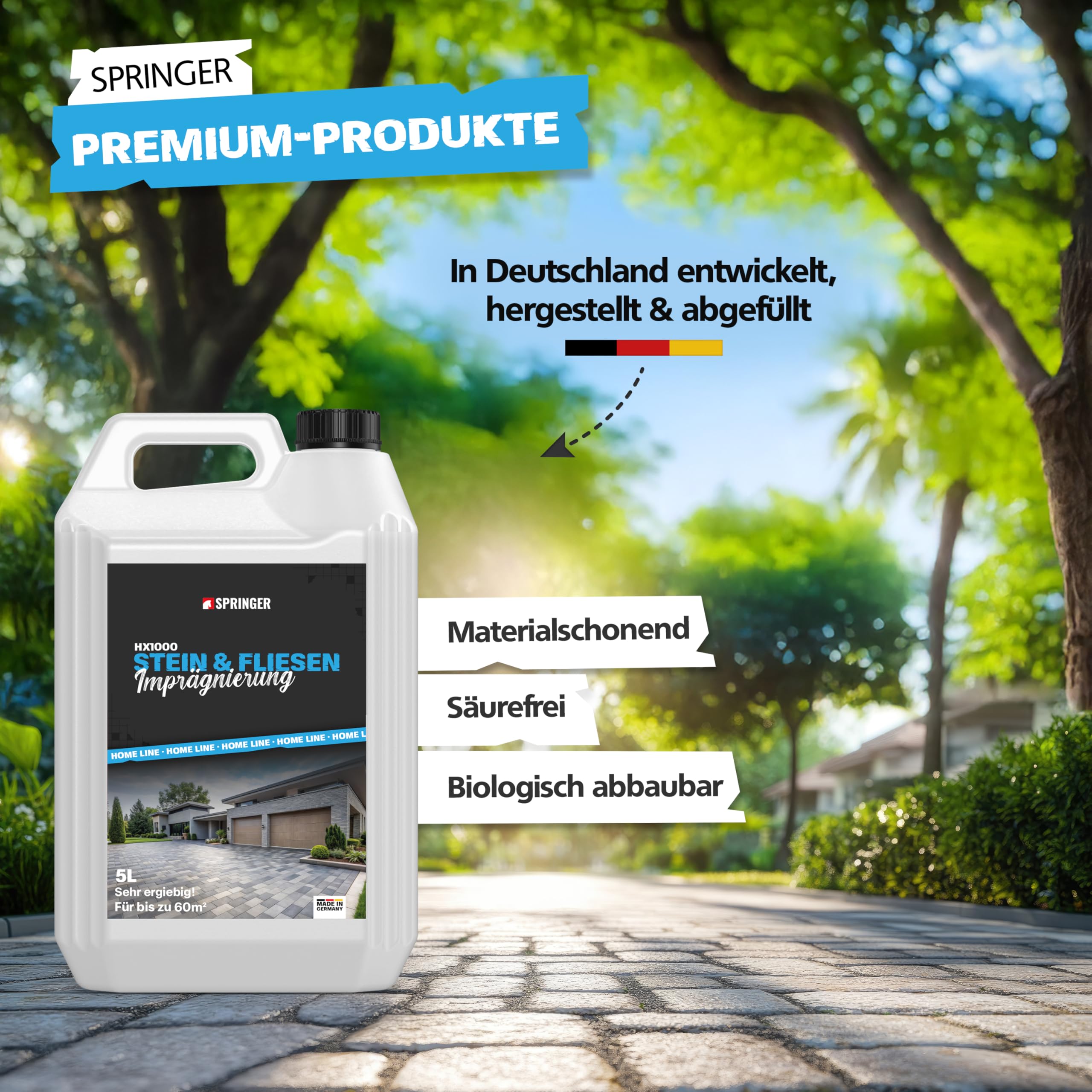 SPRINGER HX1000 - - Steinimprägnierung 5 L - - Made in Germany - - Stein- & Fliesenversiegelung für saugende Untergründe - - Nanoversiegelung für innen & außen - - Biologisch abbaubare Imprägnierung