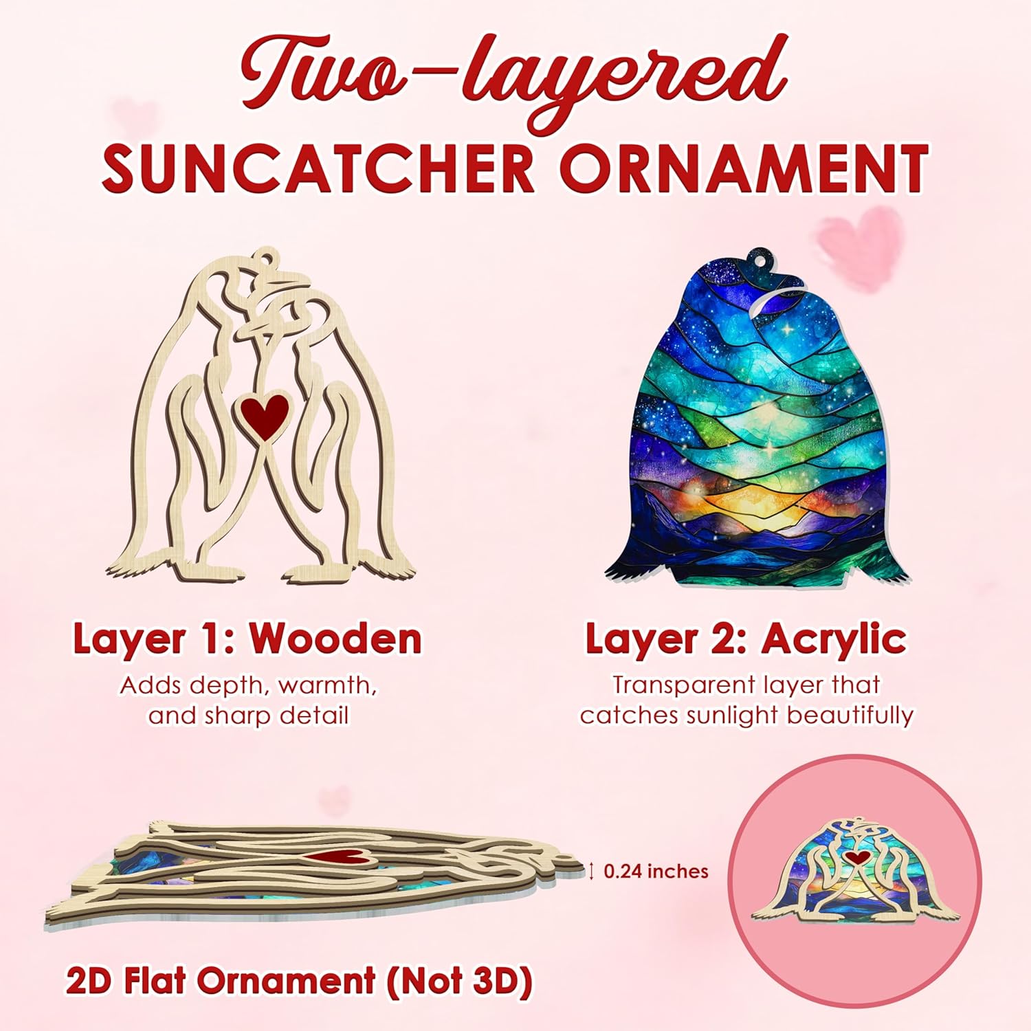 TEEZWONDER Anniversary Couple Gifts for Men Women - Suncatcher Ornaments 2026 Tree Decorations with Card - Penguin Gifts for Her Him, Husband Wife Birthday Gift Ideas - Image 5