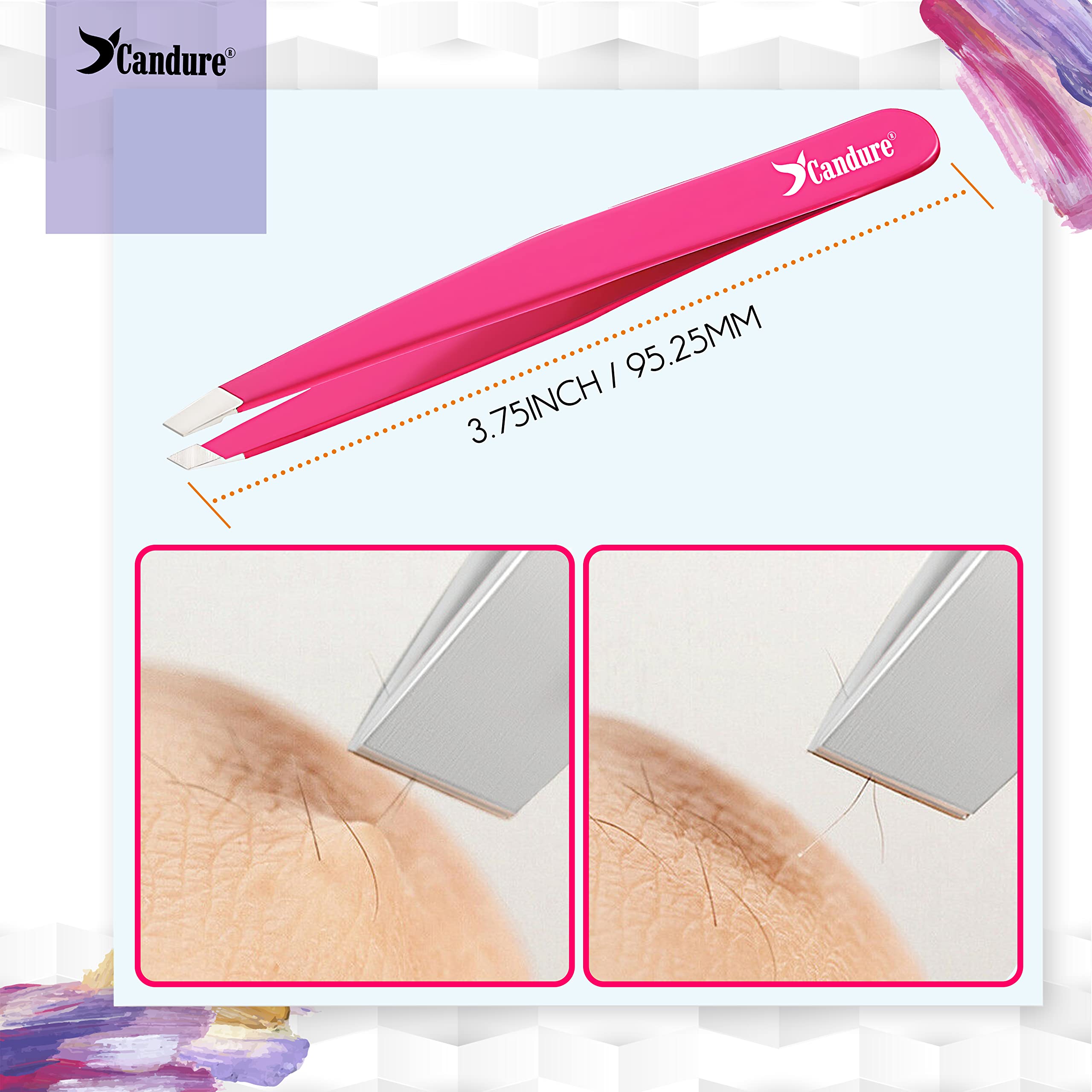 Candure Pinzette Sopracciglia Professionale Acciaio Inox Pinza Peli Incarniti Precisione Pinzetta per Tirare Antiscivolo Punta Obliqua Pinze per Uomini e Donne 1 Pezzo Rosa - 3