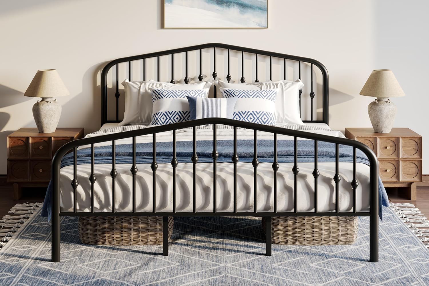 WEEWAY King Size Metal Bed Frame with Vintage Headboard and Footboard,Iron Bed,Steel Slat Support,No Box Spring Needed, Easy Assembly, Black