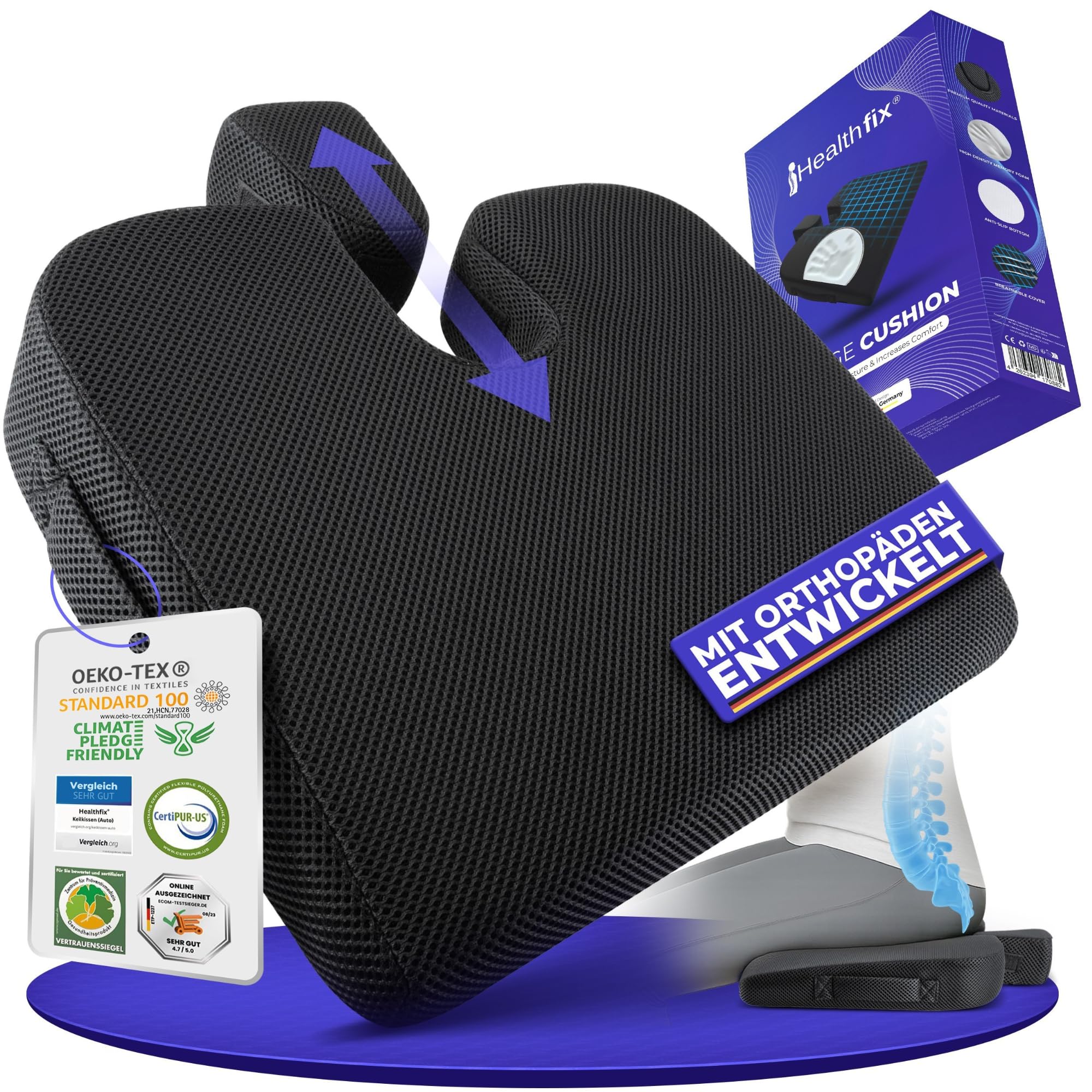 Healthfix® Wedge Cushion to Improve Sitting Posture - Comfortable Ergonomic Seat Wedge for Chair, Car etc. Orthopaedic Seat Cushion with Optimal Memory Foam Hardness (Solid (85-135 kg))