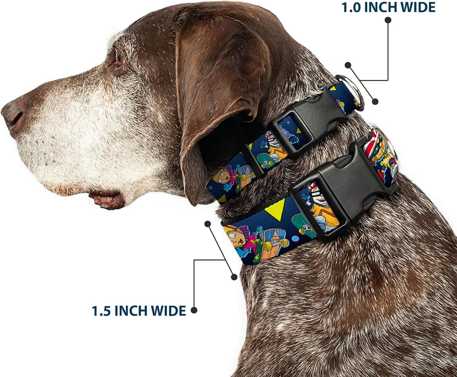 Nickelodeon Pet Collar, Dog Collar Plastic Buckle, Rocket Power Character Poses Shapes Cool Gray Multi Color, 20 to 31 Inches 1.5 Inch Wide