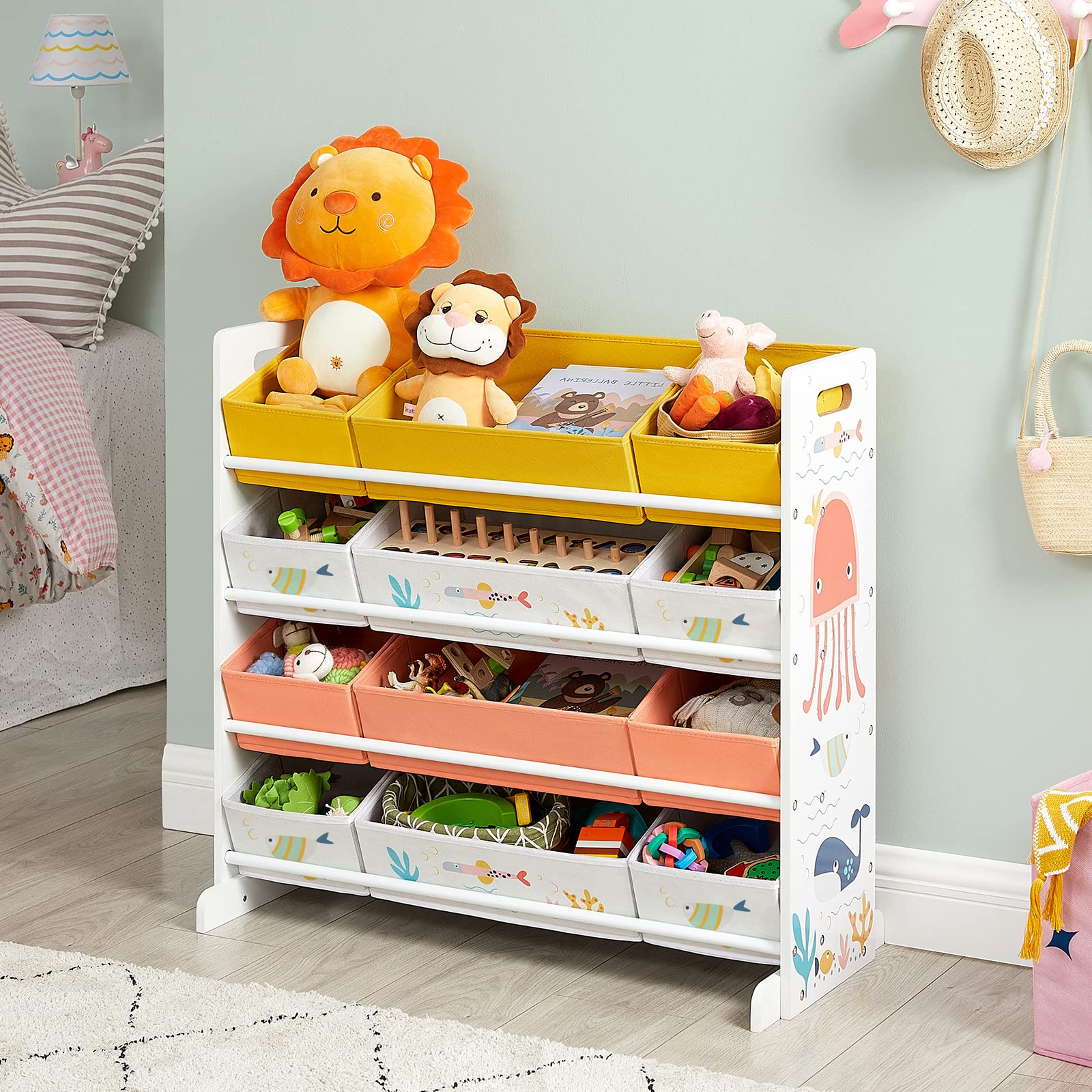SONGMICS Estantería de Juguetes, Organizador Infantil con 12 Cajas de Tela No Tejida, para Libros, Estantería para Niños, para Sala de Juegos, Multiusos, Blanco GKRS04WT