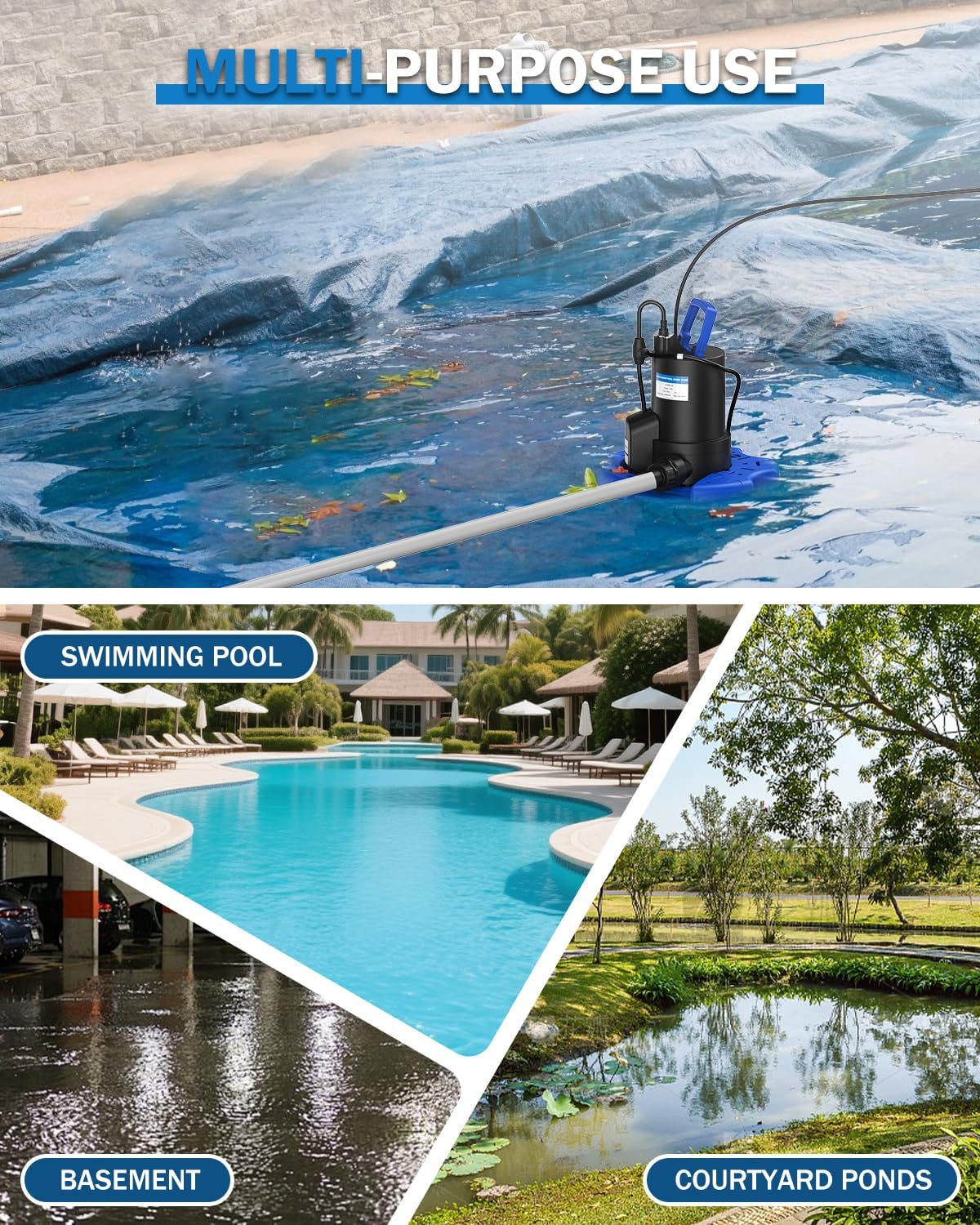 Automatic Pool Cover Pump - 1 HP 3500 GPH Sump Pump Above Ground with Check Valve, 3 Adapters and 29.5FT Extra Long Power Cord, Pump Water Removal for Swimming Pool, Basements, Rooftops