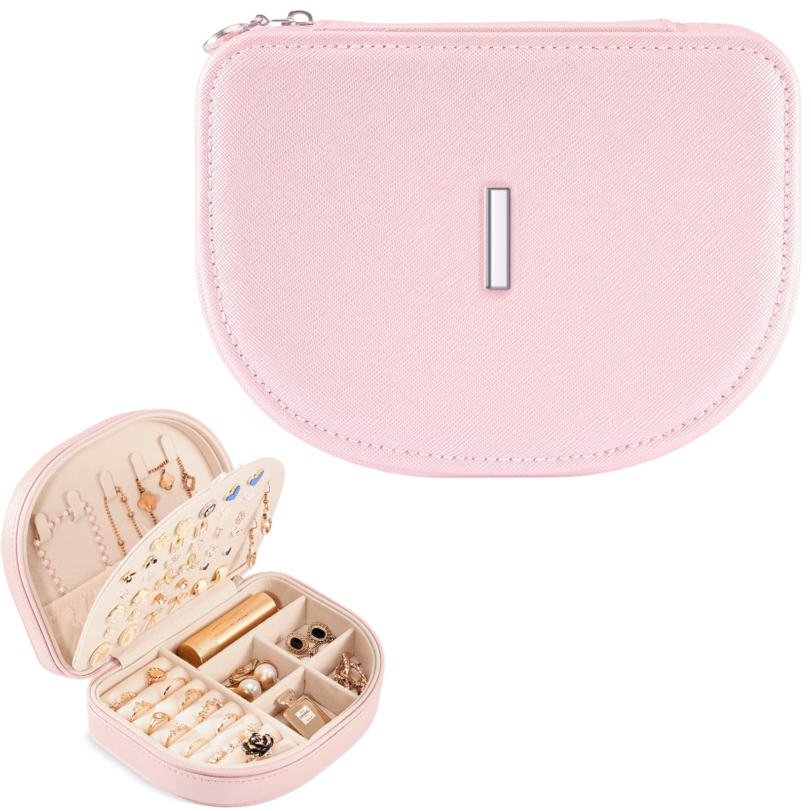 ProCase Personalized Travel Jewelry Case Organizer with Initial, Stocking Stuffers Monogrammed Small Jewelry Storage Box Christmas Gifts for Women Teen Girls -Letter I, Pink