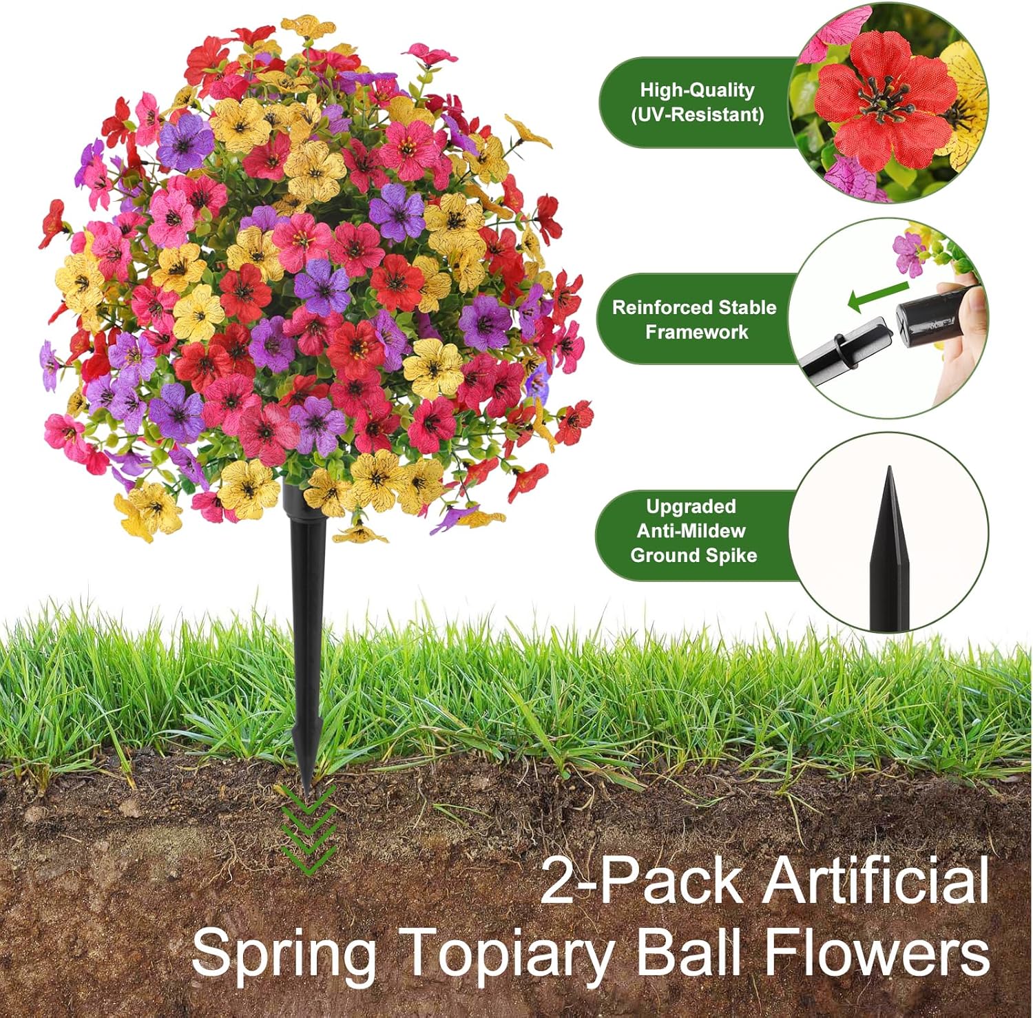 Alupssuc 2Pcs 20" Artificial Topiary Ball Flowers, Spring Outdoor Decoration with Spike, UV Resistant Faux Summer Plants, Faux Bushes Plants, Red Rose, Purple & Yellow for Garden, Porch & Patio Decor - Image 2