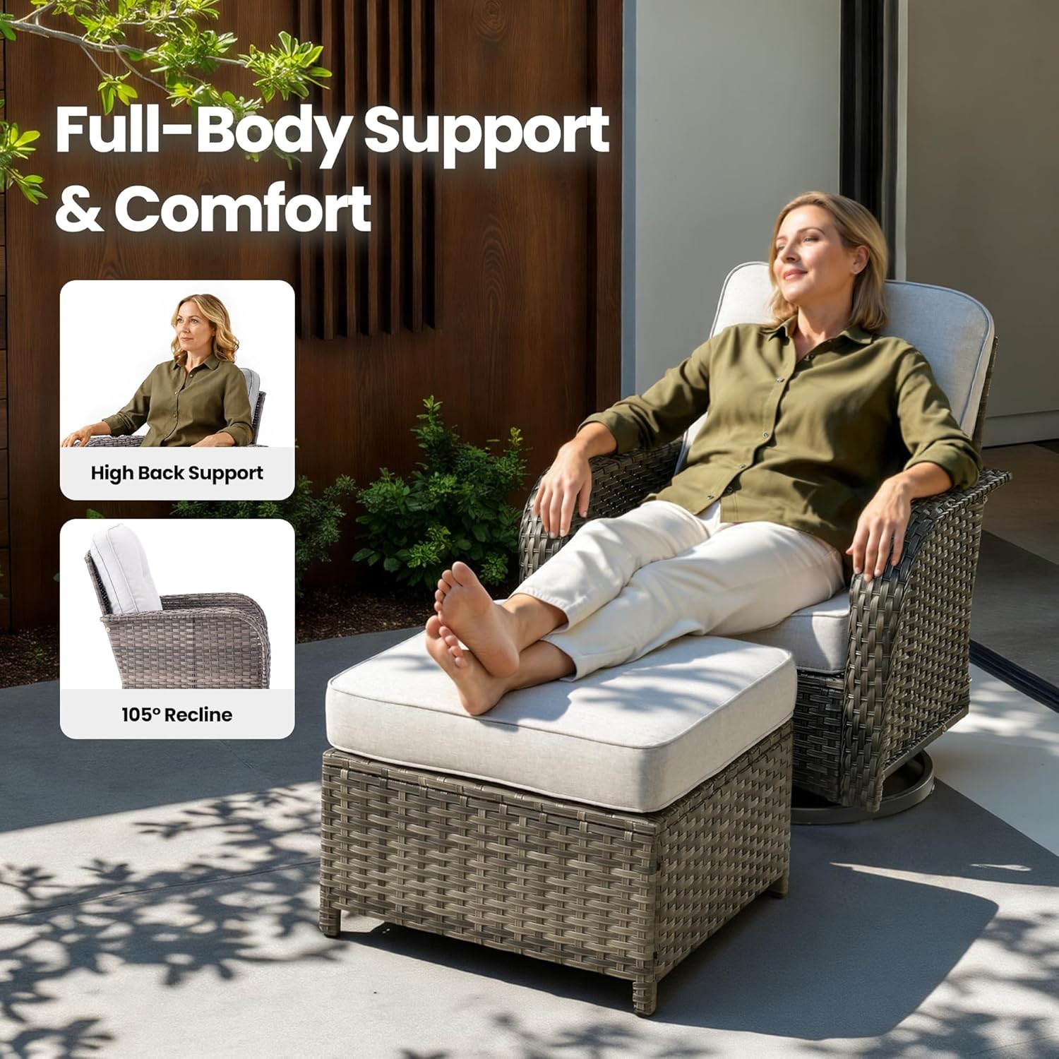 6 Pieces Wicker Patio Furniture Set, High Back Swivel Rocker Chairs Deep Seat Sofa Solar Lights Coffee Table, Modern Outdoor Conversation Sets for Porch Deck Balcony, Gray