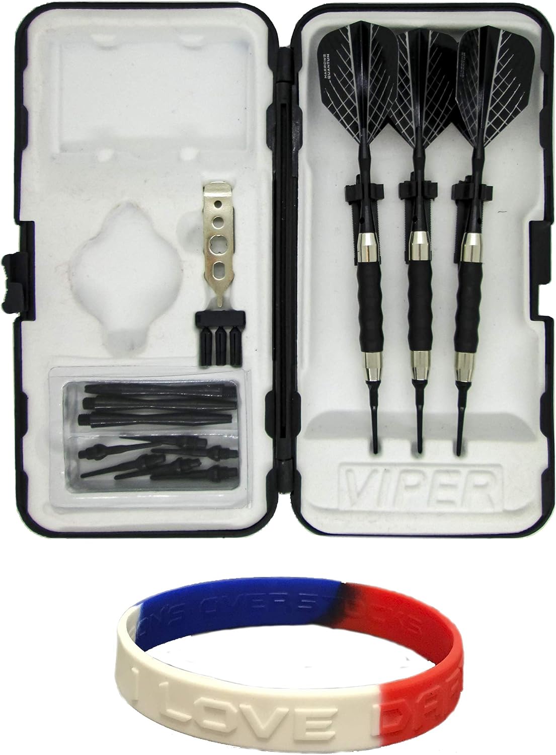 Sure Grip Viper Black Soft Tip Darts with Dart Case & Accessories Choice of Flights 16 or 18 Grams Plus I Love Darts Bracelet (Harrows Quantum, 18g)