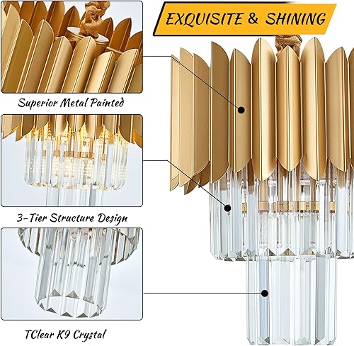 Miniatura 7 de Lámpara colgante de cristal dorado de 11 pulgadas, 4 luces de 3 niveles de lujo, lámpara colgante de cristal perfecta para comedor, dormitorio,