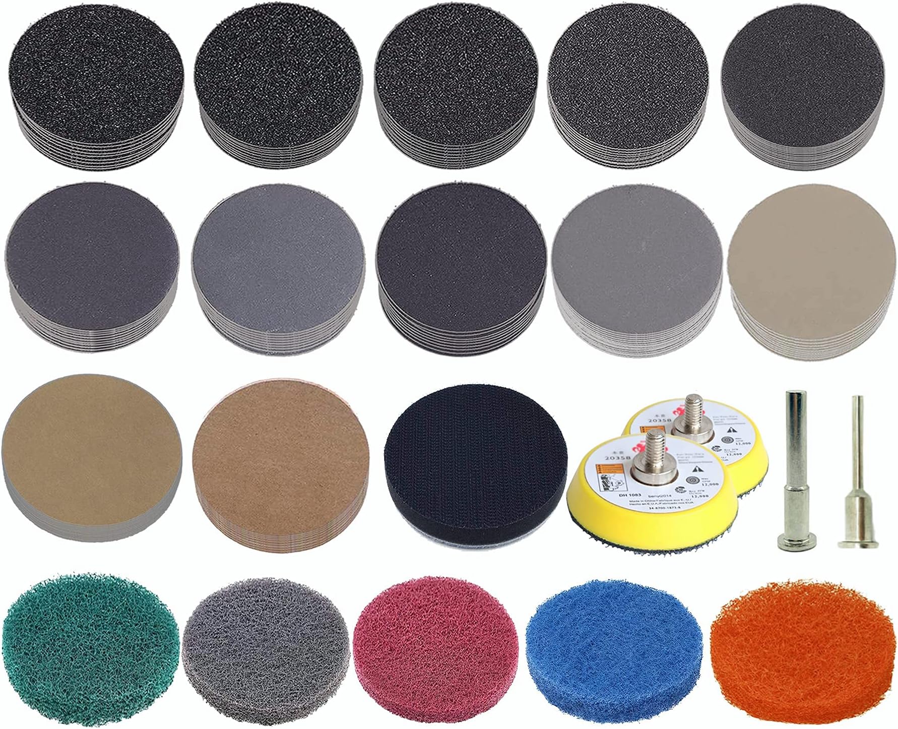 130pcs Sandpaper 2 Inch Sanding Disc 60-10000 Grit with Scouring Pad, Soft Buffer pad,1/4”& 1/8” Shank Back-up Pad for Car Wood Metal Mirror Jewelry