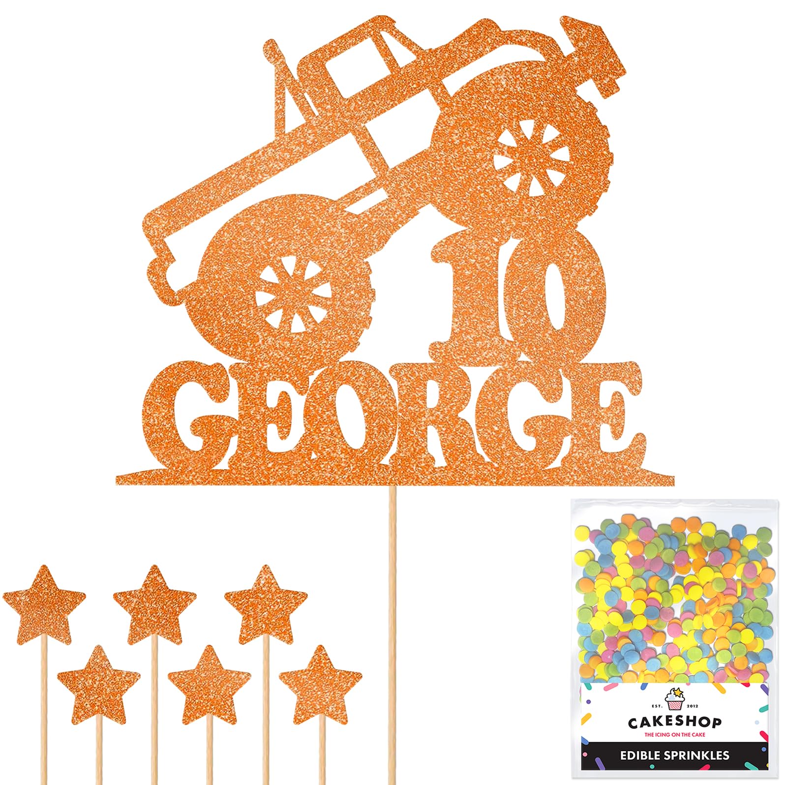 Personalised Monster Truck Glitter Cake Topper- Copper Orange Any Custom Age & Name Glitter Cake Decoration and Sprinkles - Happy Birthday Decorations - Personalised Toppers for Cakes by Cakeshop — image 1