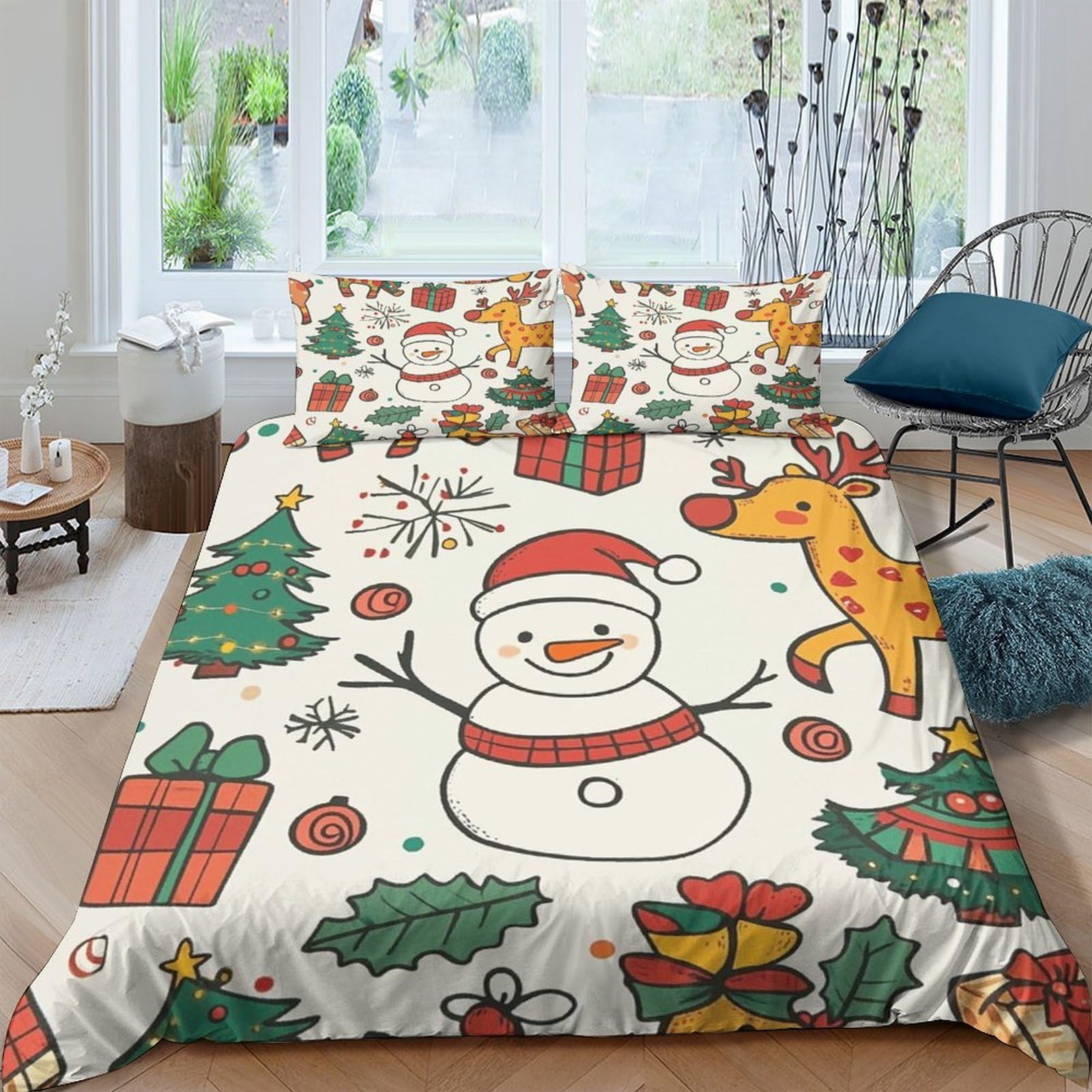 Ctjqhvkz Style-4 3D Printed Christmas Snowman Fitted Sheet Microfiber Festive Reindeer Bed Cover For Bedroom Dorm Room Easy Care Single（135X200cm）