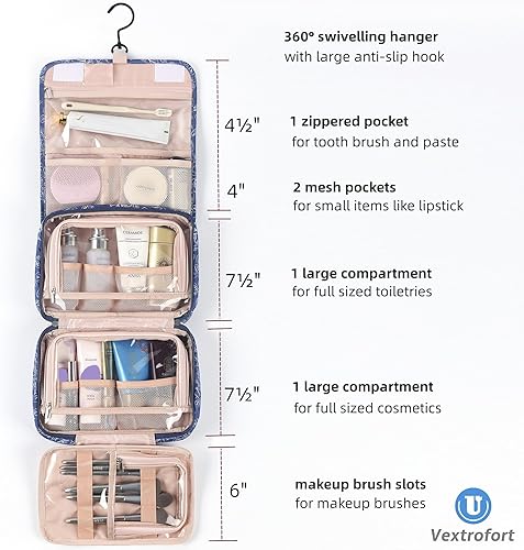 Miniatura 2 de VEXTROFORT Neceser para mujer, bolsa de maquillaje de viaje colgante grande, resistente al agua para artículos de tocador, cosméticos, cepillos,