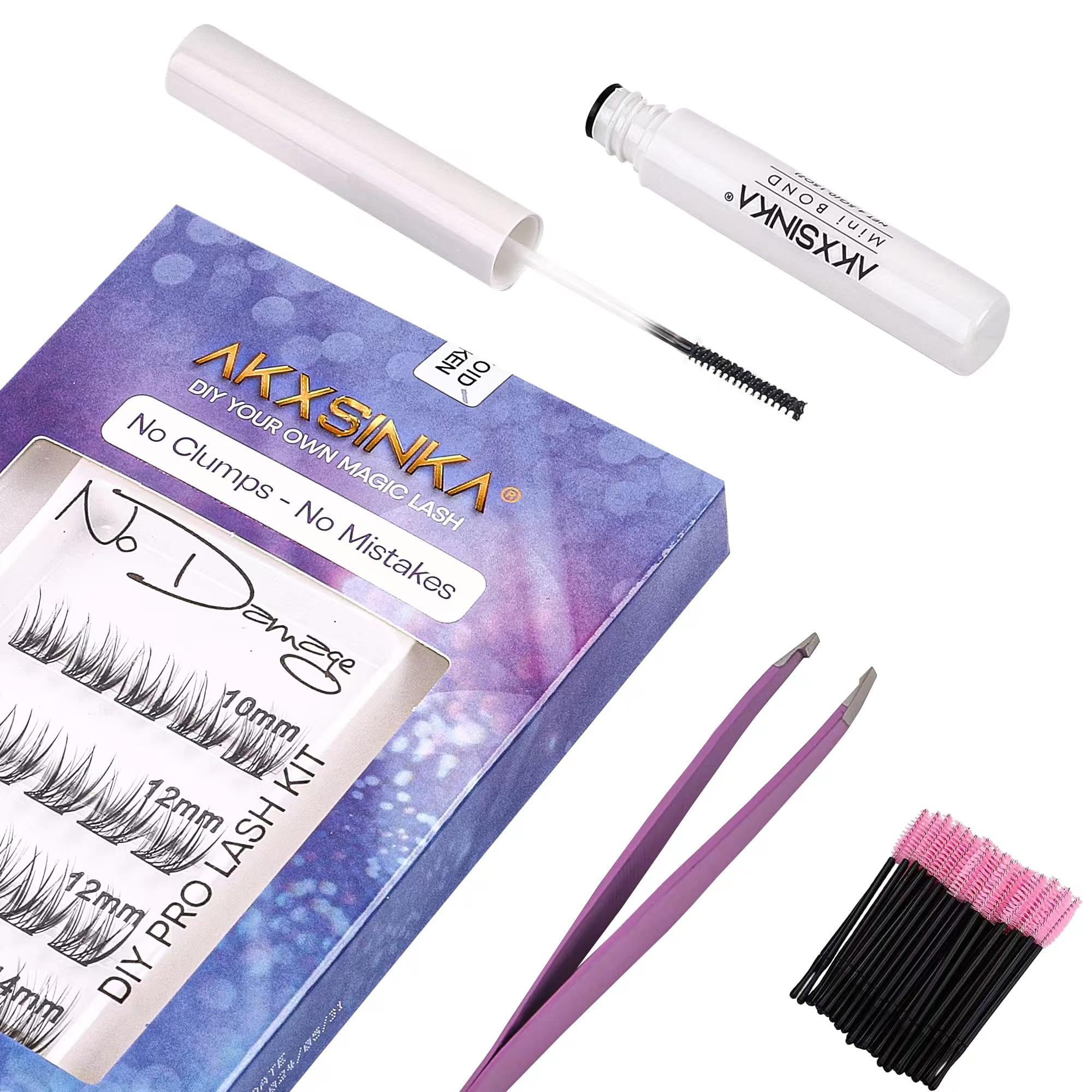 AKXSINKA DIY Lash Extension Starter Kit at Home, Individual Lashes with Super Hold Eyelash Glue and Applicator, Cluster Lashes Natural Look?Level 1?