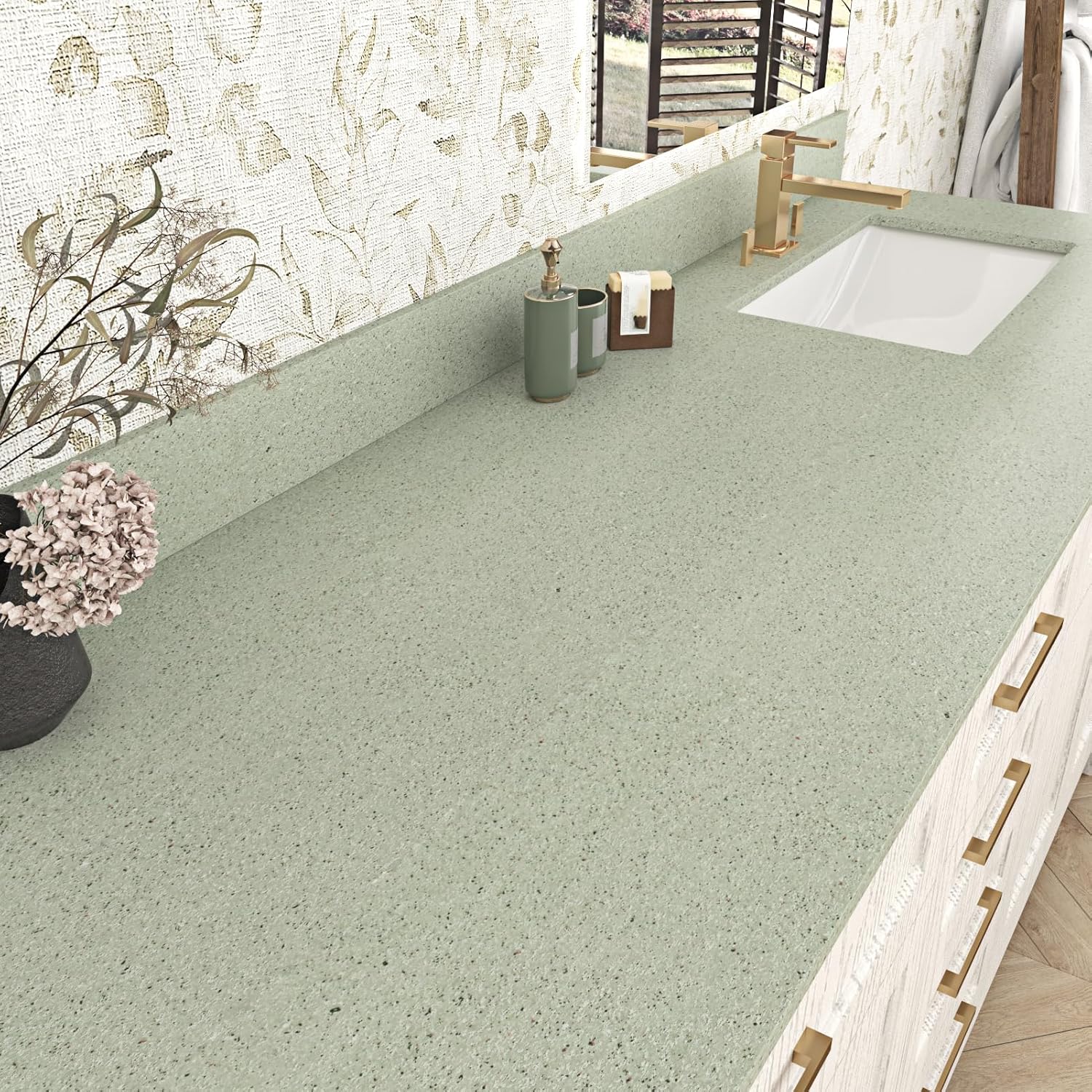 Wallercity Light Green Granite Contact Paper for Countertops Waterproof Vinyl Bathroom Marble Wallpaper Peel and Stick Backsplash Stick Paper Self Adhesive Decorative Wallpapers for Cabinets 24x118 IN