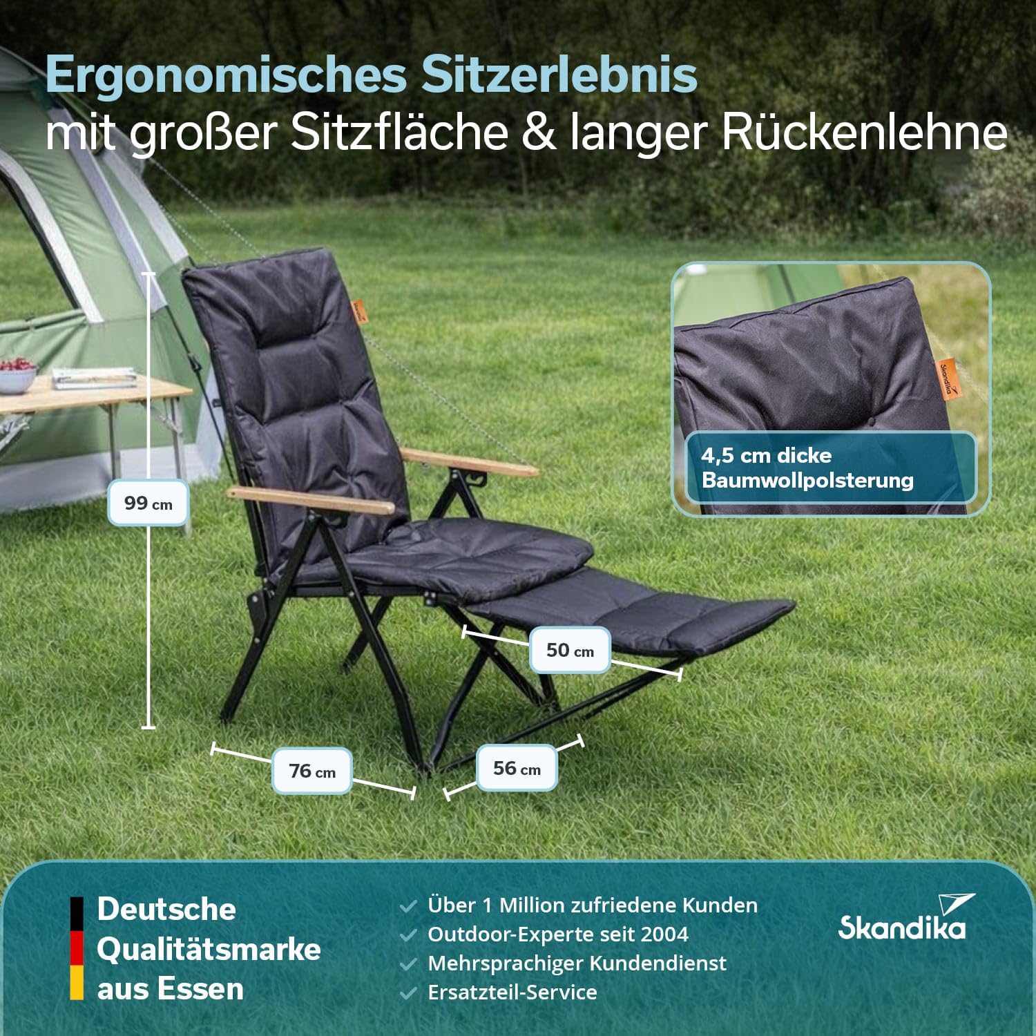 Skandika Campingstuhl Nojata Plus | Hochlehner faltbar, mit Fußablage & Kissen, 3-Fach verstellbare Rückenlehne, 120 kg belastbar | Stuhl klappbar, Klappstuhl für Camping, Garten, Festival, Balkon
