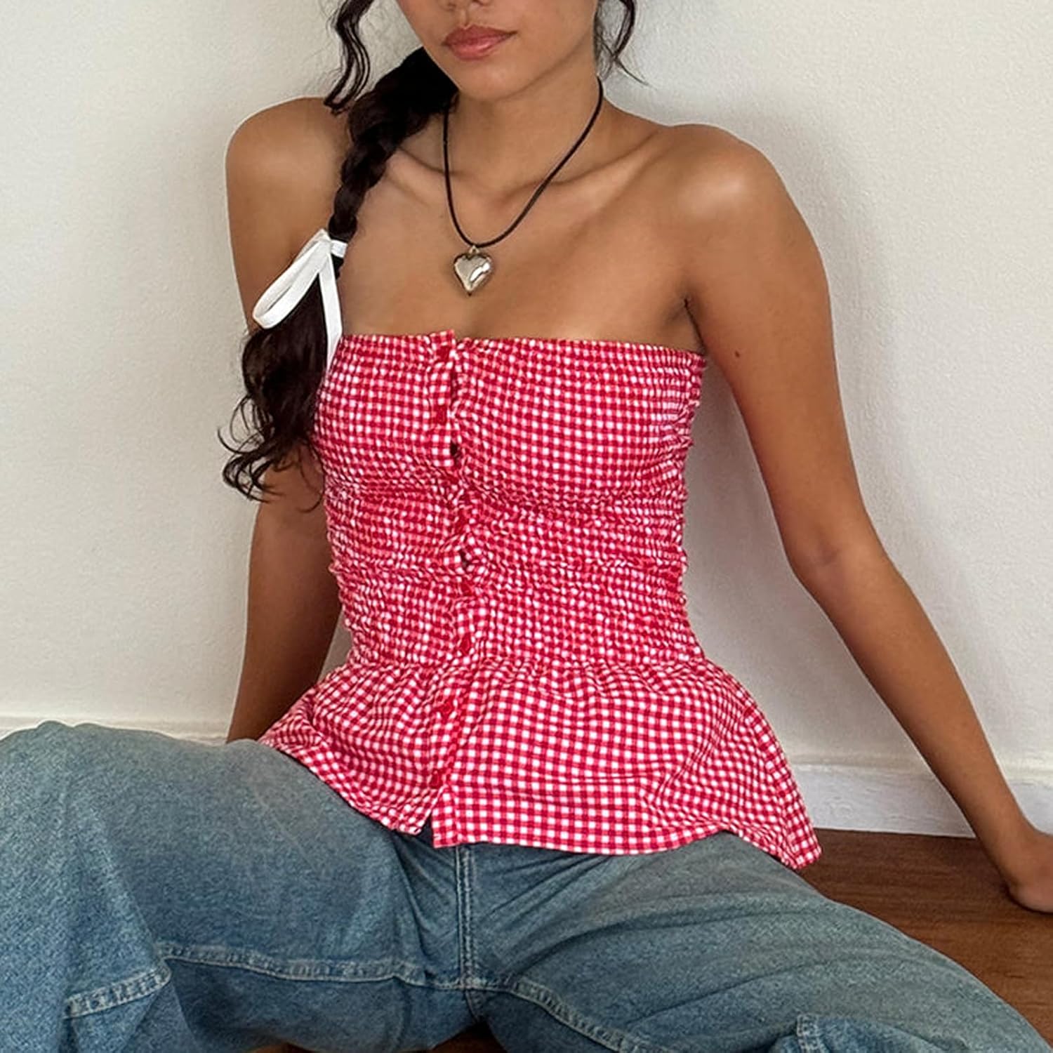 Women Y2k Gingham Tube Top Strapless Backless Plaid Peplum Vest Coquette Bandeau Crop Tank Summer Going Out Top - Image 4