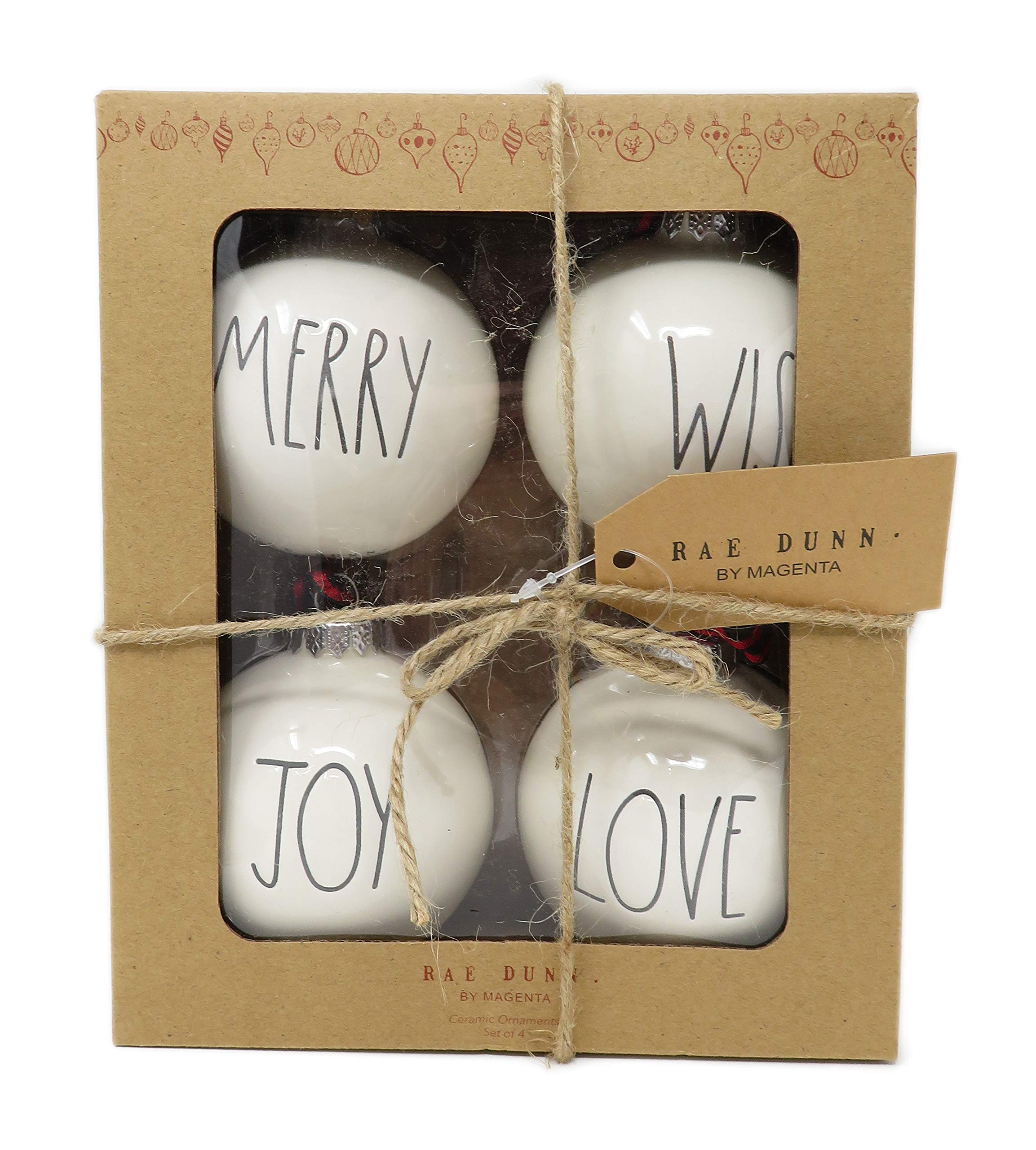 Rae Dunn by Magenta Set of 4 Merry & Wish & Joy & Love Ceramic LL Round Bulb Christmas Tree Ornaments