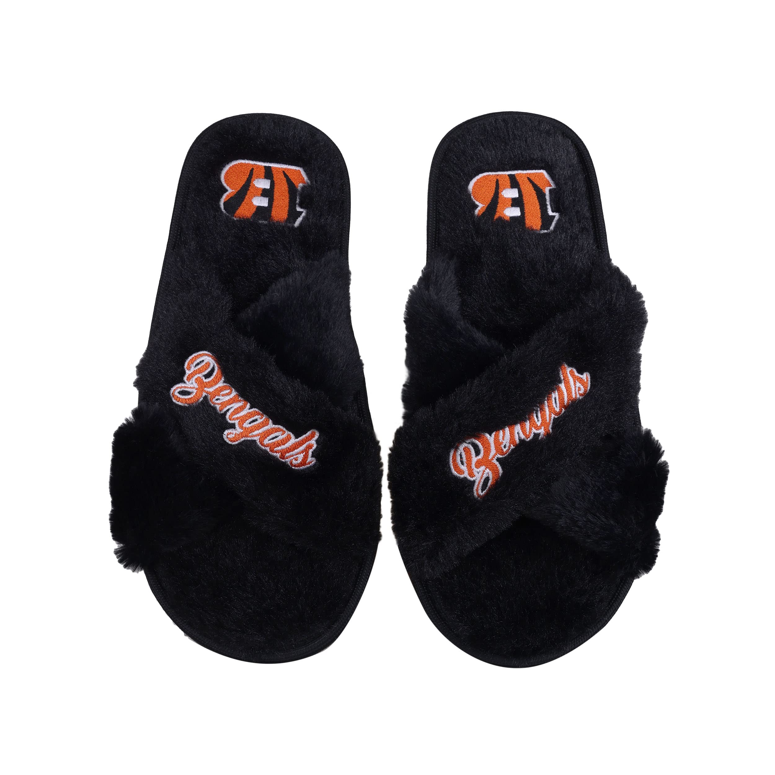 FOCO Womens NFL Team Script Wordmark Fuzzy Cross Slide Slippers