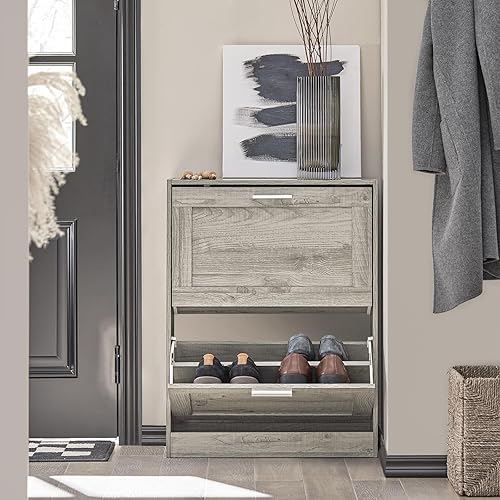 Miniatura 7 de Haotian Armario estrecho para zapatos, zapatero pequeño con 2 cajones abatibles, organizador de almacenamiento de zapatos delgado, pasillo de