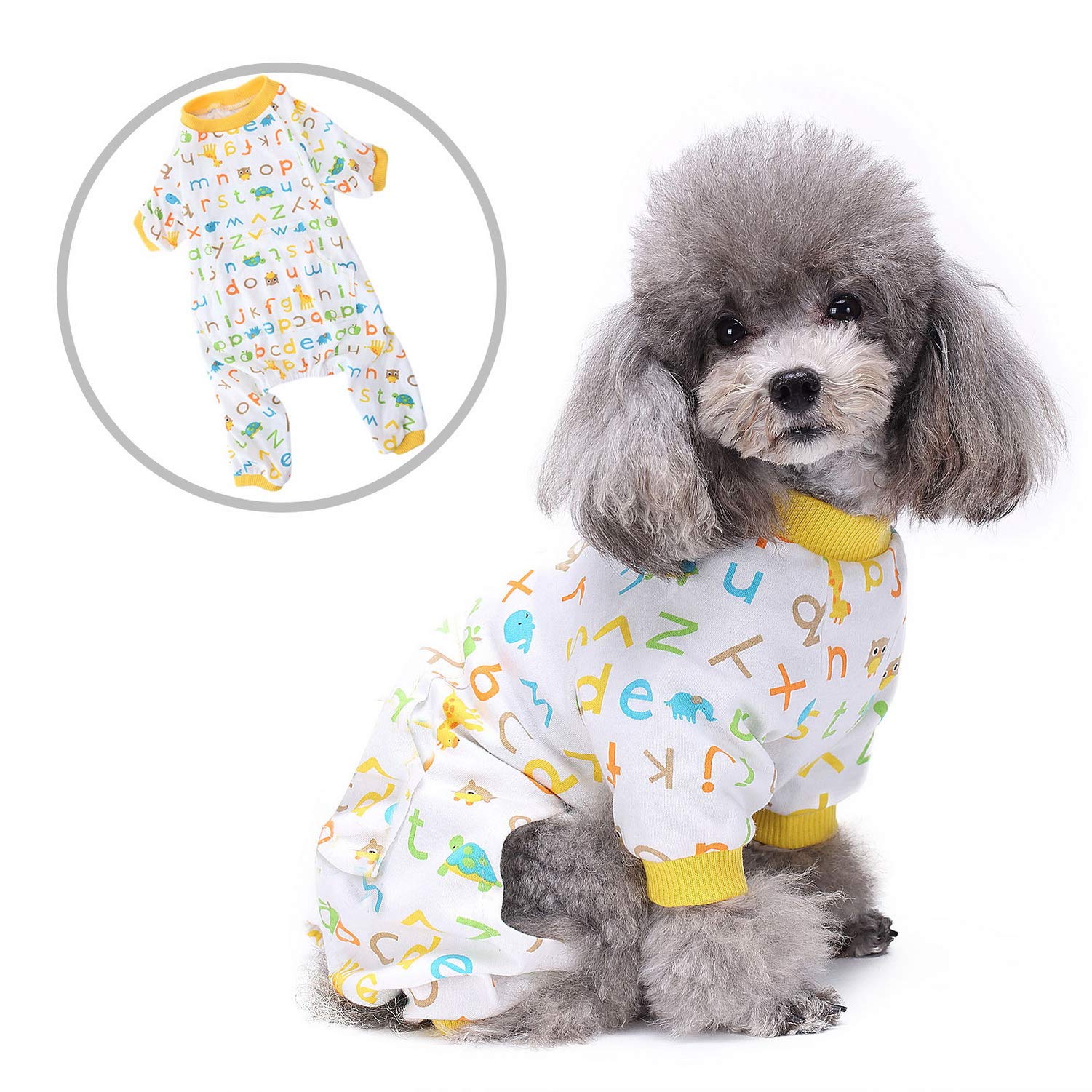 Zunea Small Dog Pyjamas Puppy Pjs Overalls Clothes Soft Cotton Pet Cat Pajamas Outfits with Legs Chihuahua Sleeping Jumpsuit Letters and Animals Printed Doggie Apparel Yellow S — image 1