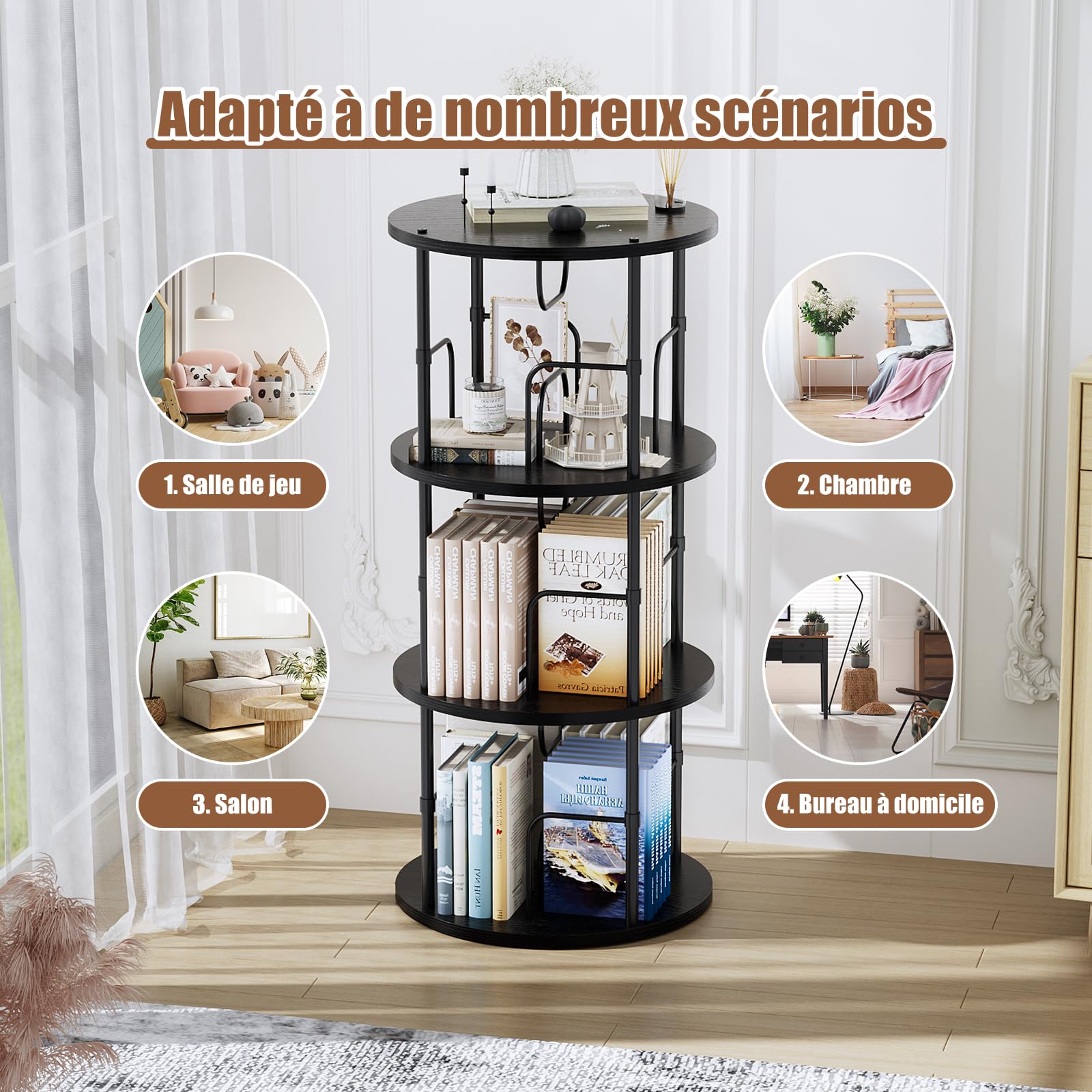 Bibliothèque rotative à 360 en bois avec 4 niveaux pour chambre à coucher,salon,bureau - Noir