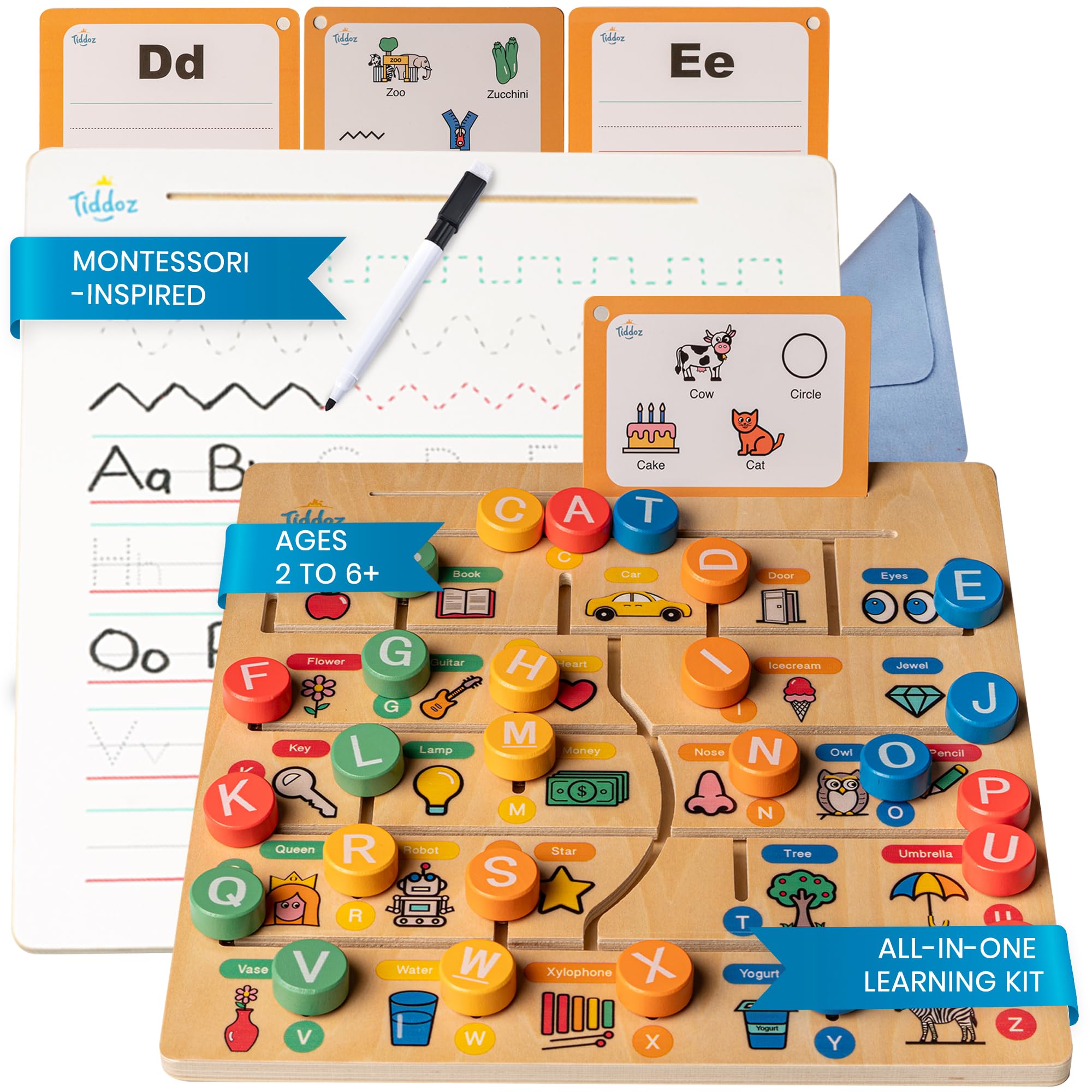 All‑in‑One Montessori Learning Set – ABC Tracing Wooden Board, Letter Matching, 100+ Sight Words Flashcards &amp; Writing for Preschool &amp; Kindergarden Toddlers Ages 3-6