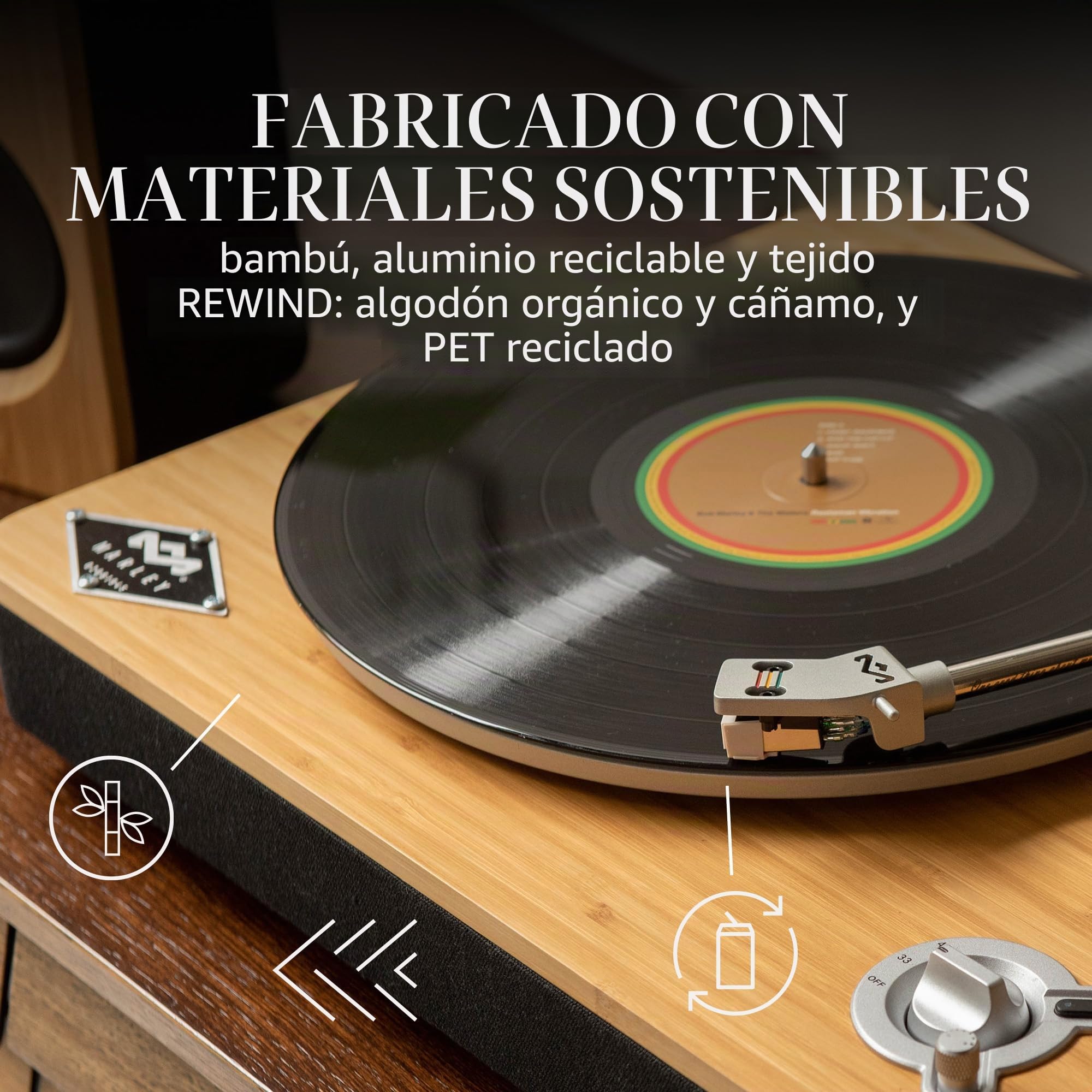 House of Marley Stir It Up Wireless Tocadiscos de Vinilo Bluetooth - Bambú | Reproductor de Vinilos de 2 Velocidades Producido Sosteniblemente, Cápsula de Audio-Technica