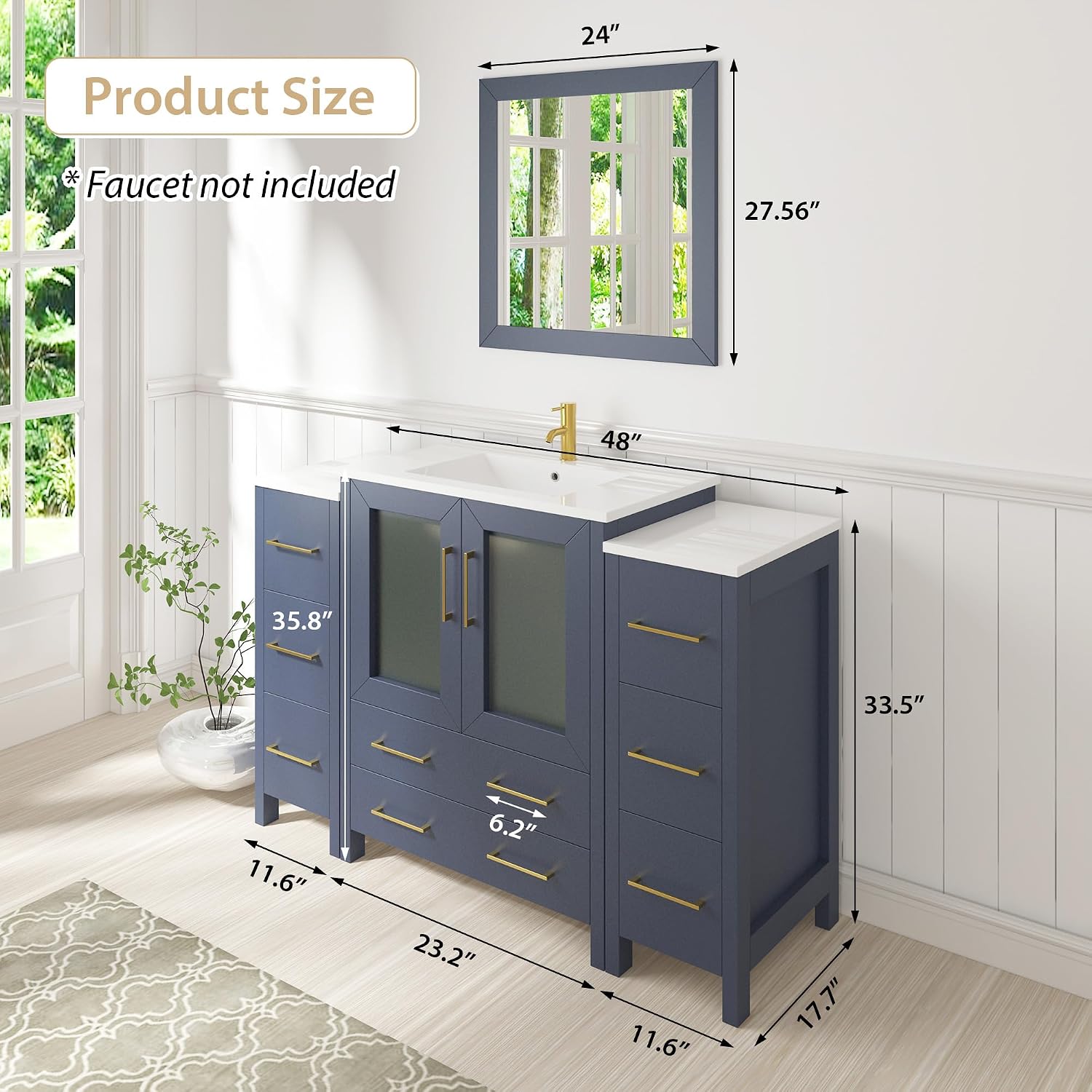 Vanity Art 48 Inch Under Mount Single Sink Bathroom Vanity Cabinet with 1 Mirror, Ceramic Top Bathroom Cabinet Compact Set with 8 Dovetail Storage Drawers and Gold Finish Handles, VA3024-48B