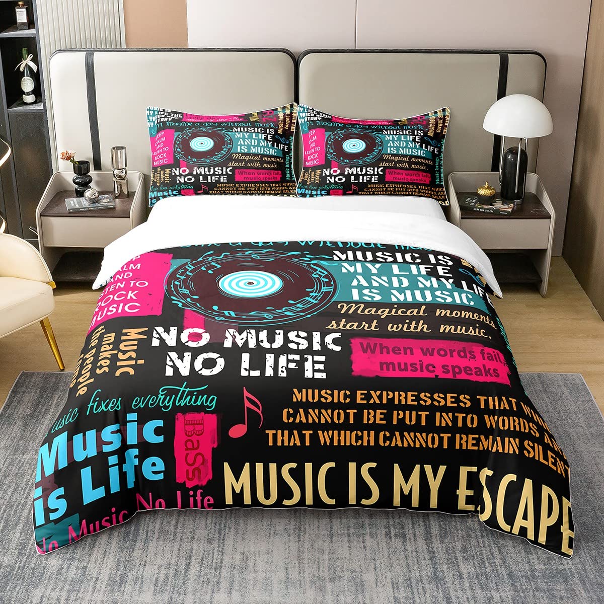 100% Natürliche Baumwolle Rock Musik Bettbezug 135x200,Jazz Musik Bettwäsche Set für Kinder Teens Jungen Mädchen Mann Hip Hop Graffiti Komfortbezug,Musik Noten Bett Sets mit1 Kissenbezug