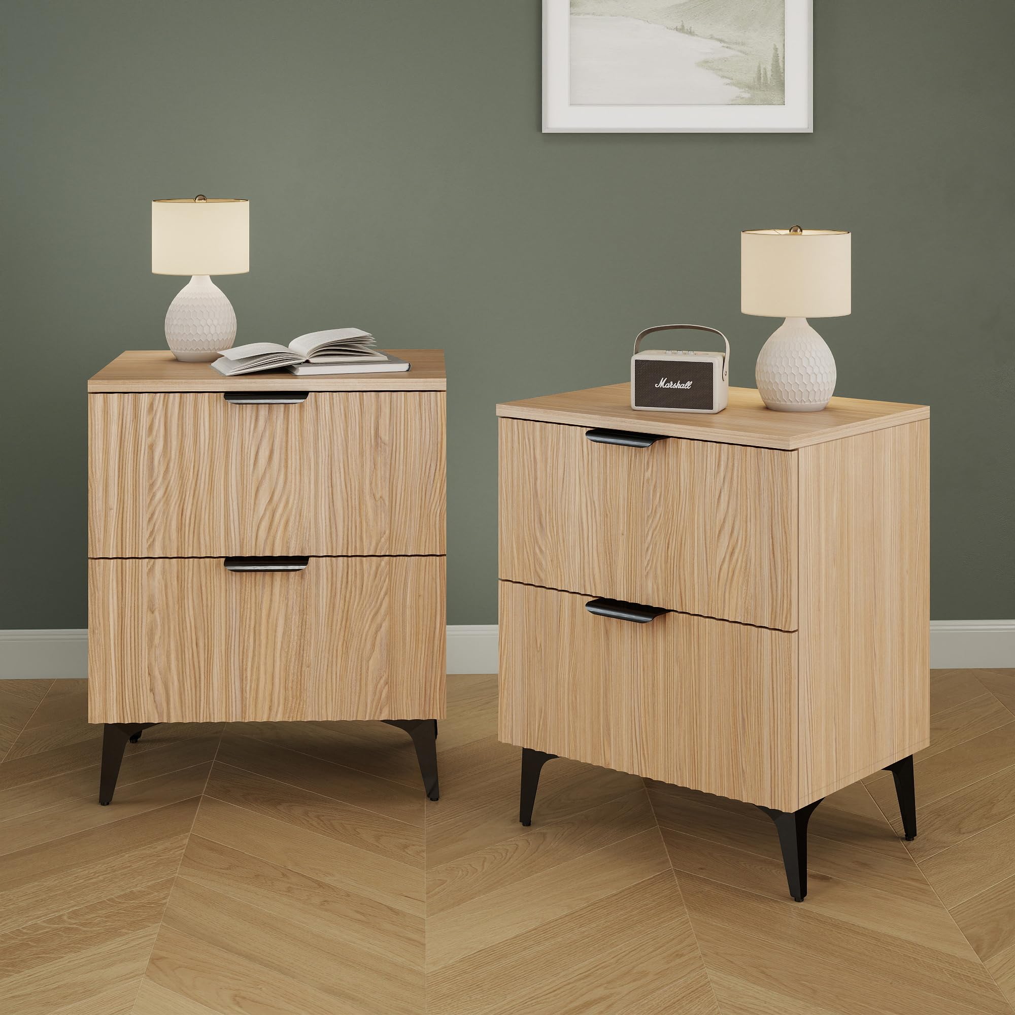 GRAINLLE Wood Nightstand Set of 2 Fluted