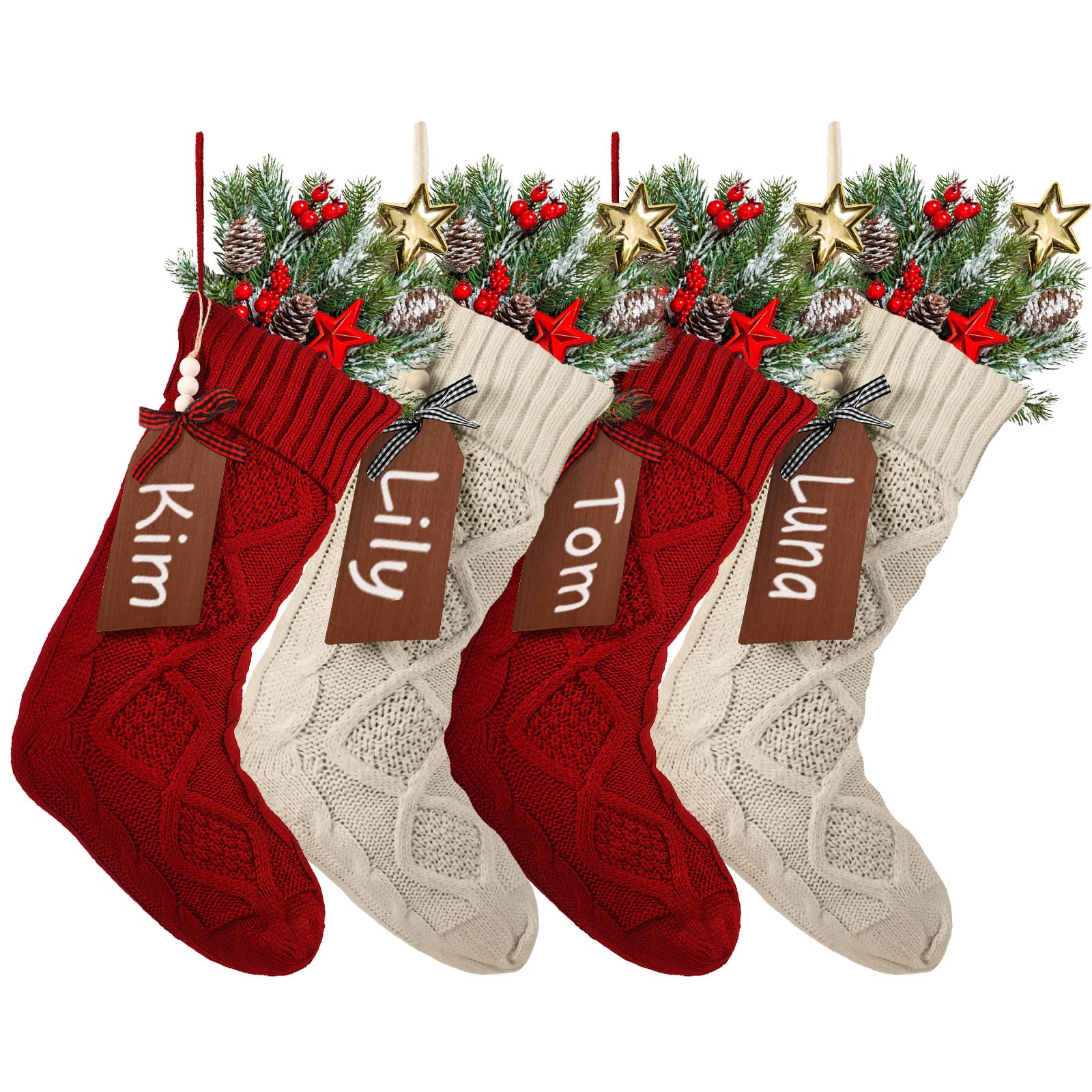 Aoriher Lot de 4 grandes chaussettes de Noël avec étiquettes nominatives en bois à faire soi-même, 45,7 cm, décorations de Noël à suspendre avec étiquettes de Noël pour fête de Noël (lin, rouge