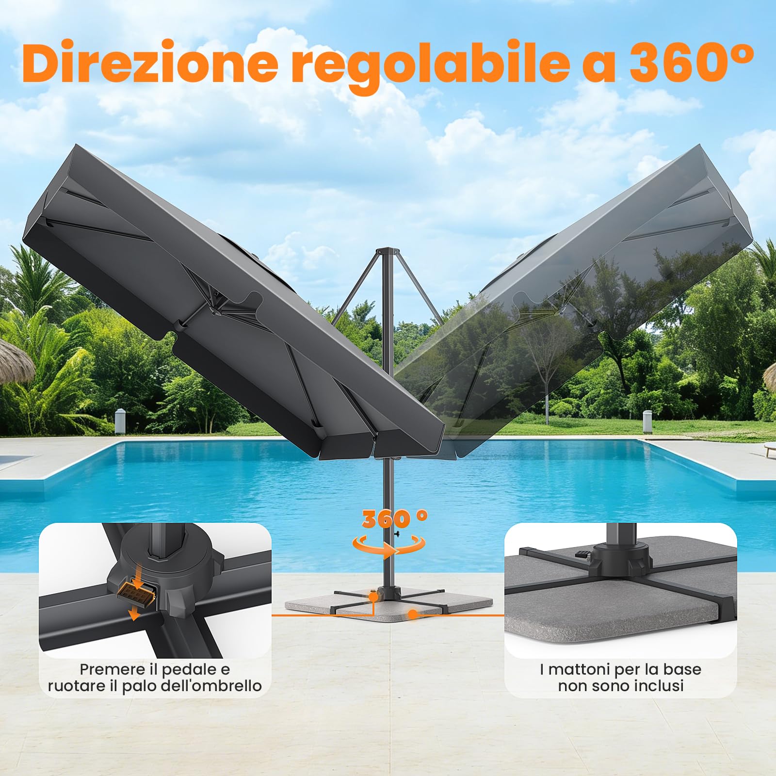 YEAUPE PRO Ombrellone 300 x 300 cm, Girevole a 360°, ombrellone da Giardino con Tende Laterali, con Protezione Solare UV50+, per Giardino e terrazza, Grigio., 30 x 30 DM