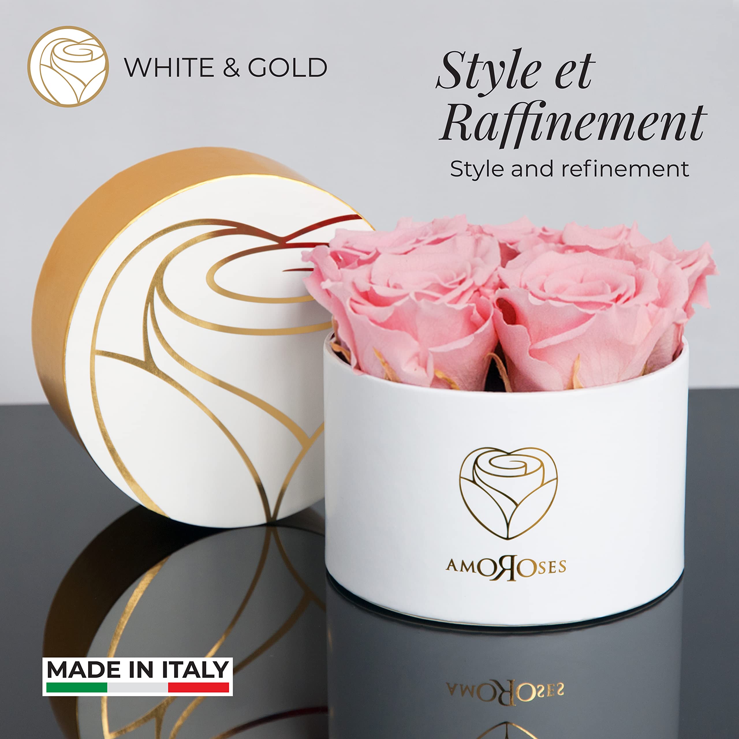 Amoroses Petite - Boîte Cadeau 5 Roses Éternelles Stabilisées - Elégant Bouquet de Fleurs Véritables | Fête des Mères (Petite Boîte Blanche avec Roses Roses)