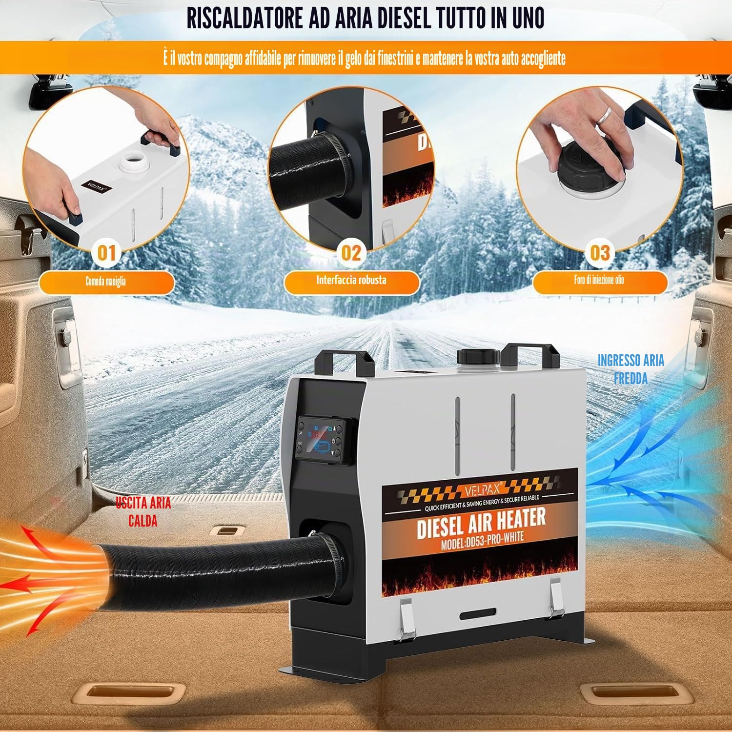 VELPAX Riscaldatore d'Aria Diesel all-in-One 8KW 12V 24V 220V riscaldatore d'aria diesel con silenziatore, LCD e Telecomando Riscaldamento rapido per Camper,Macchine,Camion,Barche,Autobus