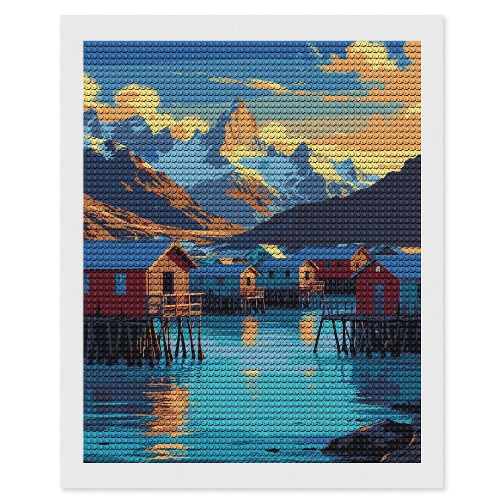 Junmoney Coastal Village with Mountain Backdrop Diamond Art Kit 16"x20", Gift Idea, for Family Craft Time, Mindful Craft Activity, Boho Decor, Relaxing DIY Hobby