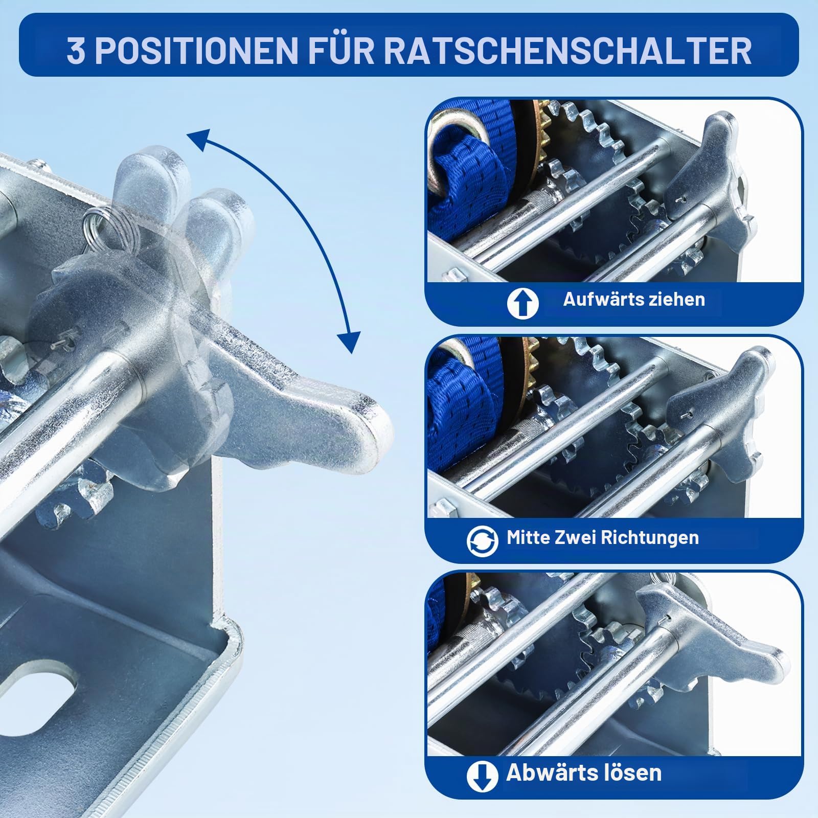 FreeTec Handwinde 1130 kg Gurtwinde Winde mit Blau Gurt Bergungswinde Bootswinde Handwinde Winde (10m 2500lbs)