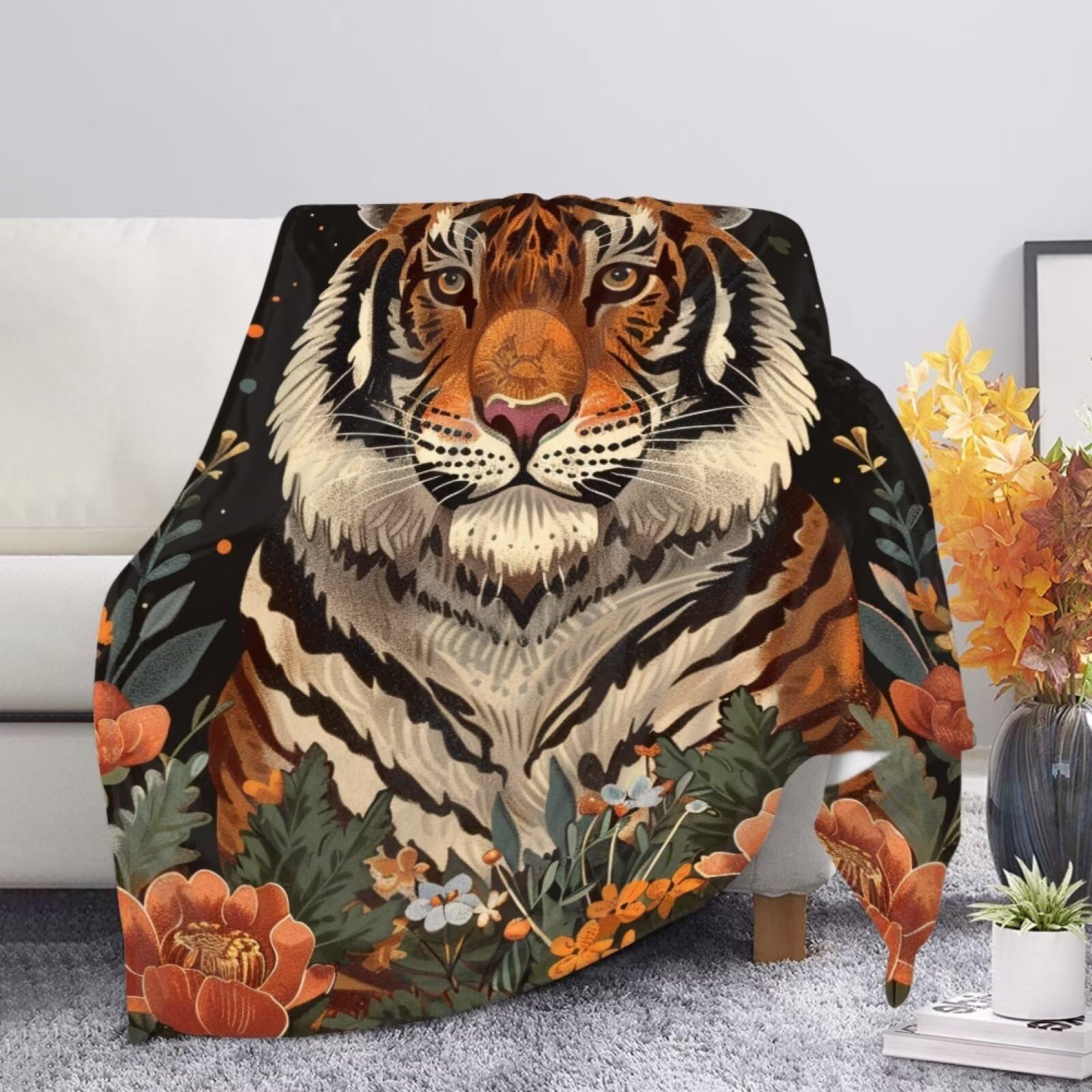 Allcute Floral Tiger Blanket Print Sofa Throws for Winter Fall Throw Blanket Black Lightweight Warm Flannel Fluffy Blankets for Couch Bed Living Room Decor