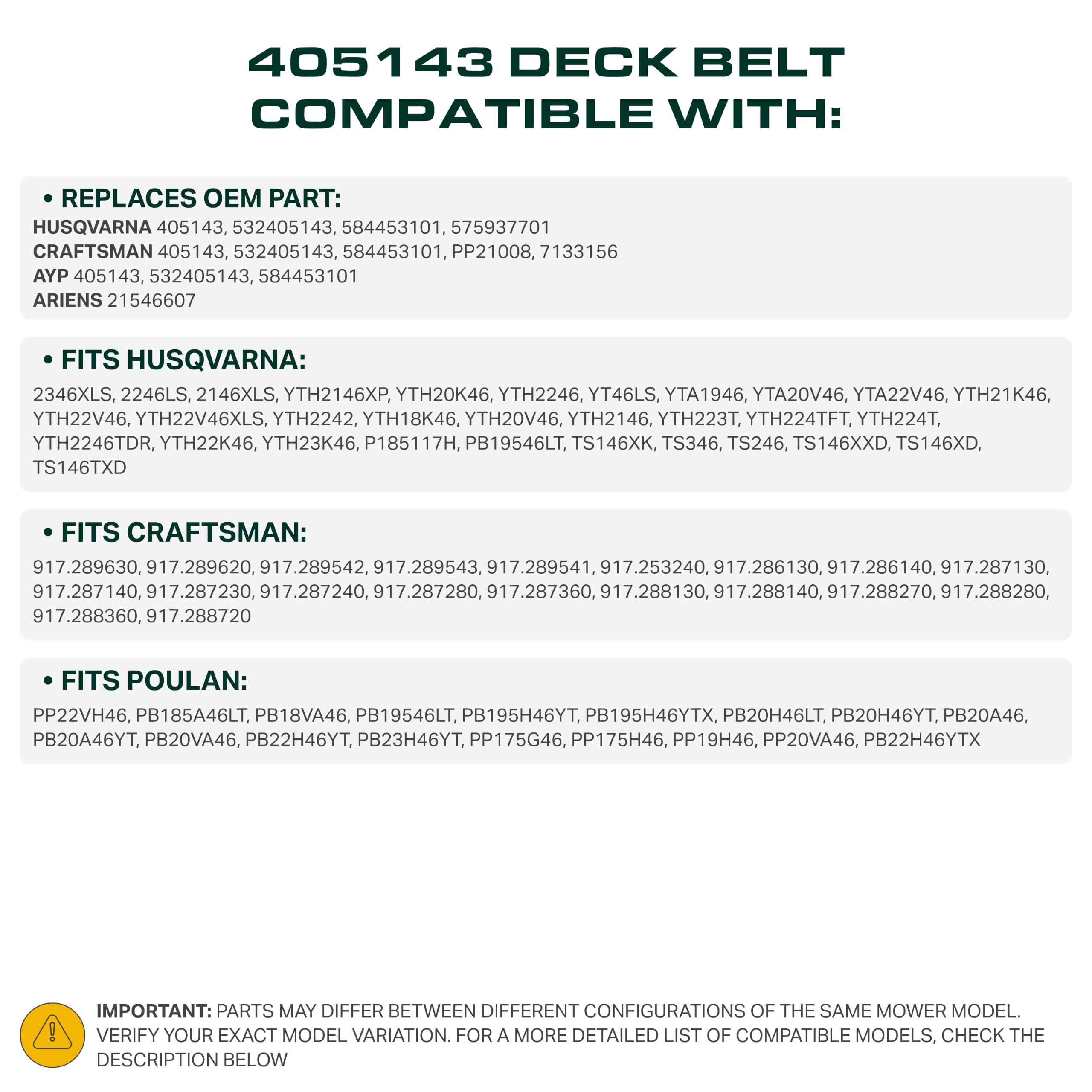 Correa de cortacésped 405143, aramida Kevlar, compatible con Husqvarna Craftsman Poulan Deck Drive
