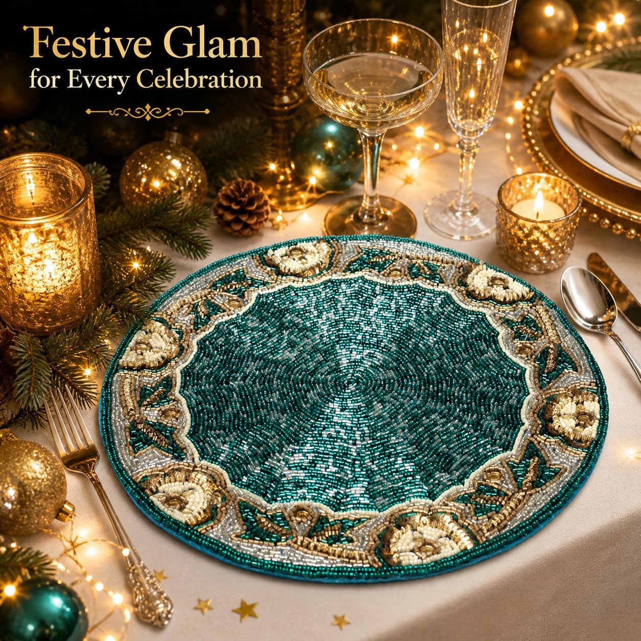 Beaded Round Placemats 13” – Teal Silver White Gold Beaded Charger Placemats for Dining Table, Decorative Glitz Placemats for Holiday, Christmas, Wedding & Party Table Setting image 5