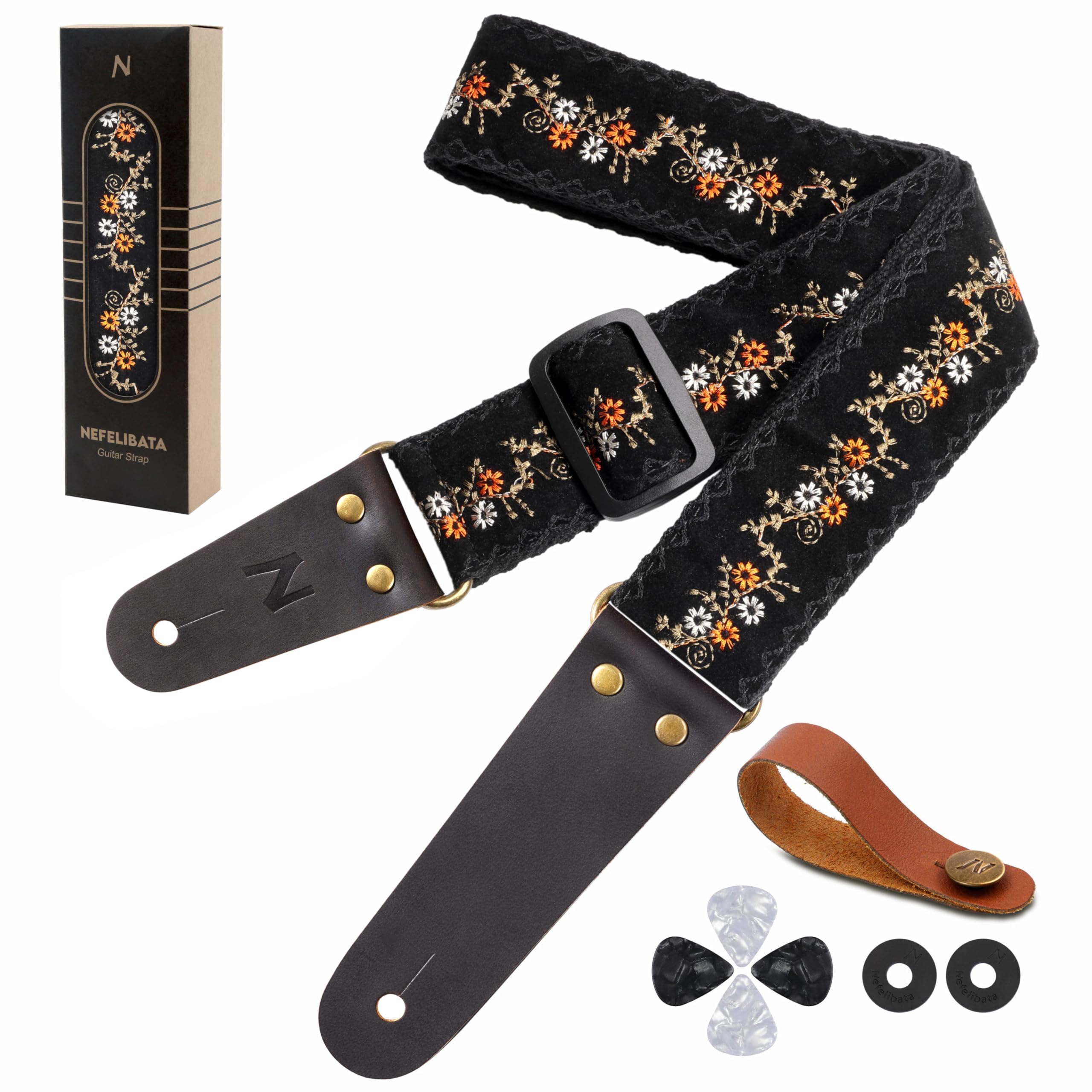 Nefelibata Guitar Strap, Flower Embroidery Guitar Straps with Head Cowhide Leather Ends for Bass, Electric & Acoustic Guitars, Come with Free Strap Button, 1 Pair Strap Locks and 4 Guitar Picks