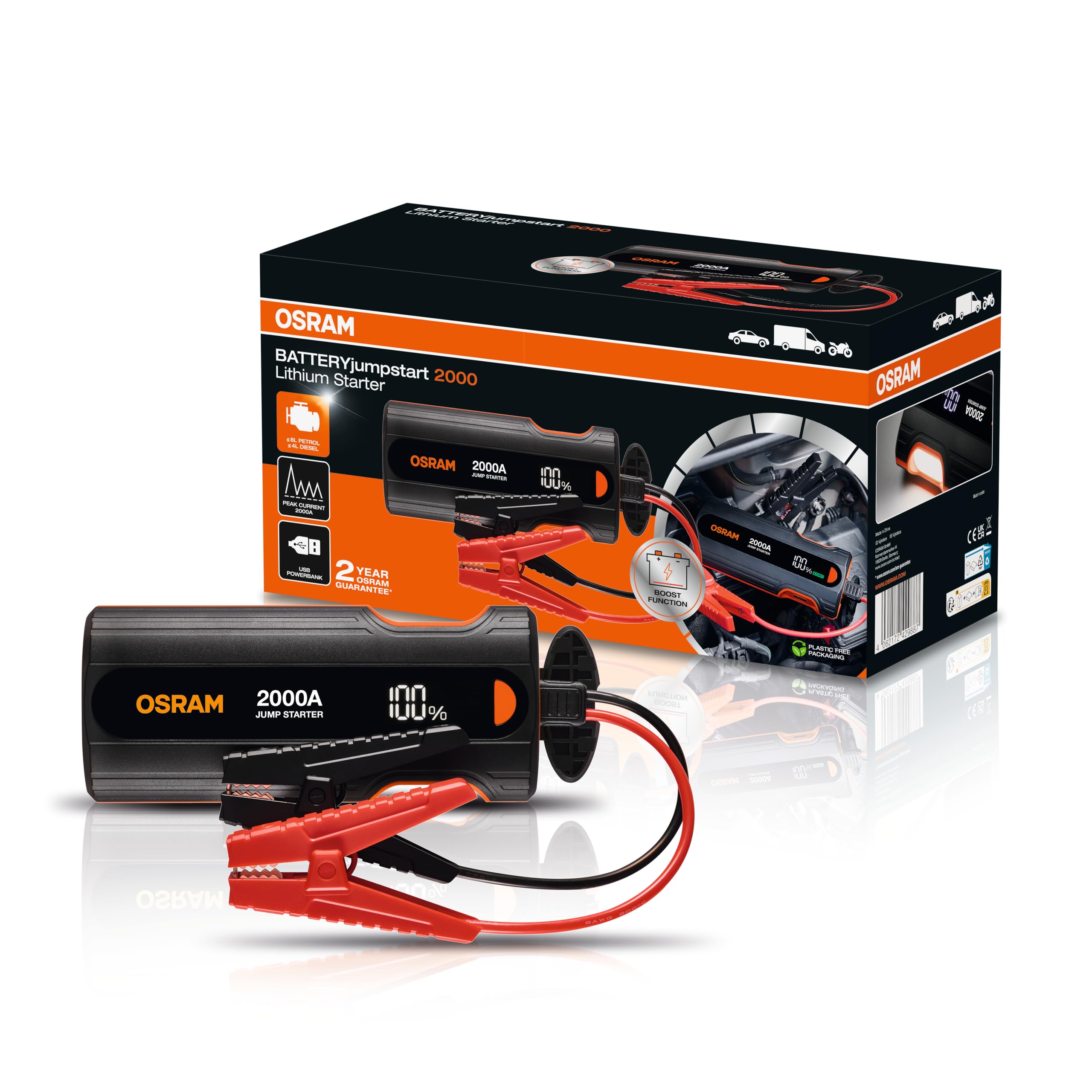 OSRAM BATTERYjumpstart 2000, arrancador de litio de 12 V, arrancador de batería, 2000 A, batería externa USB-C, para motores de gasolina de hasta 8 L y motores diésel de hasta 4 L.