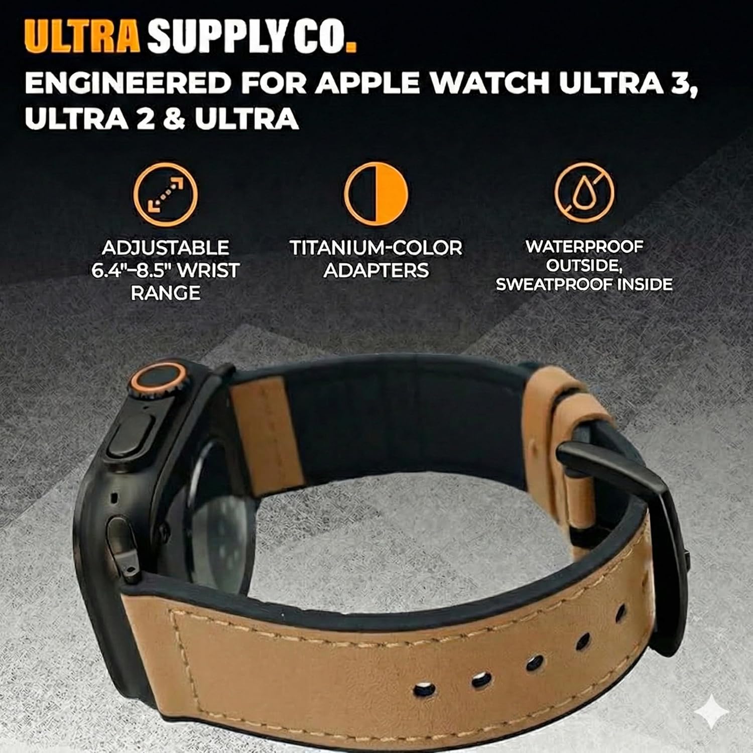 Ultra Supply Co. 49mm Leather Watch Band - Compatible with Apple Watch Ultra 3, 2 & 1 - Genuine Hybrid Leather Rubber Sweatproof Strap, 24mm Band Width, Metal Buckle