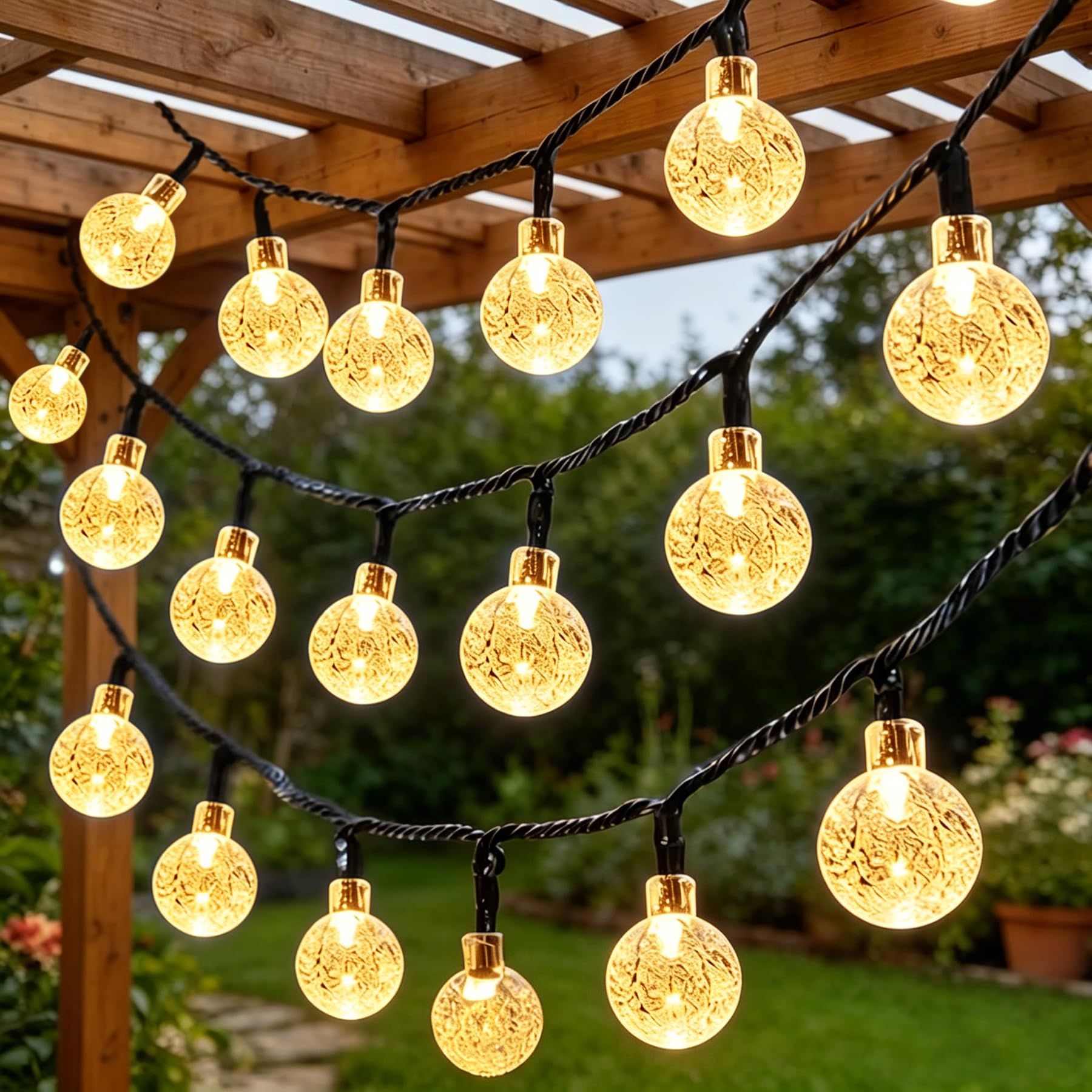 Litabur Warm White 50Led Solar Fairy Lights Garden Outdoor, 8M/26Ft Solar String Lights Waterproof Solar Powered Bubble Lights, 8 Modes With 8-Hour Timer, Suitable For Garden, Party, Yard, Decoration (Warm White)
