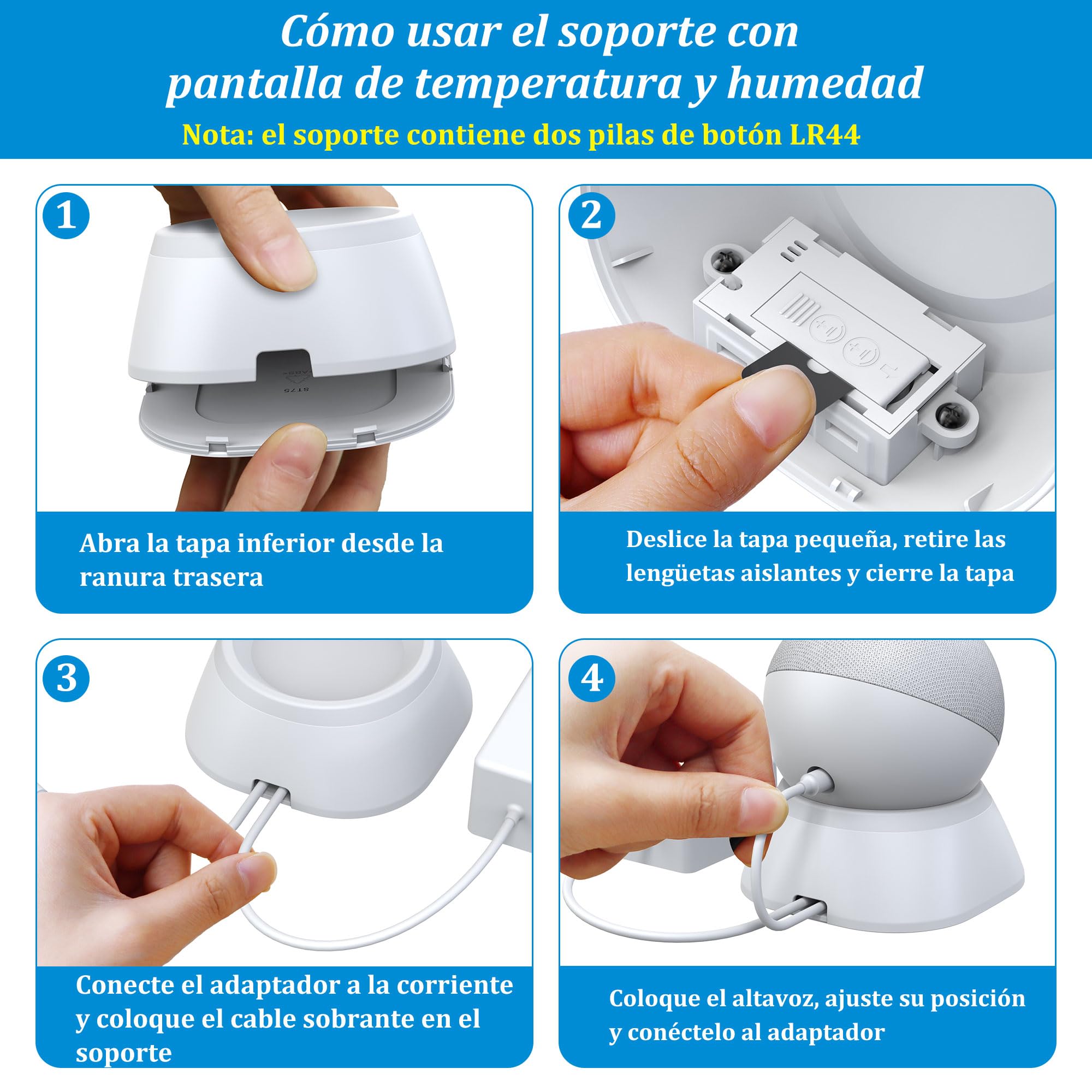 PlusAcc Supporto per Dot Max & Dot & Nest Mini – con termometro e igrometro da tavolo con gestione dei cavi integrata per camera da letto, soggiorno, ufficio (bianco)