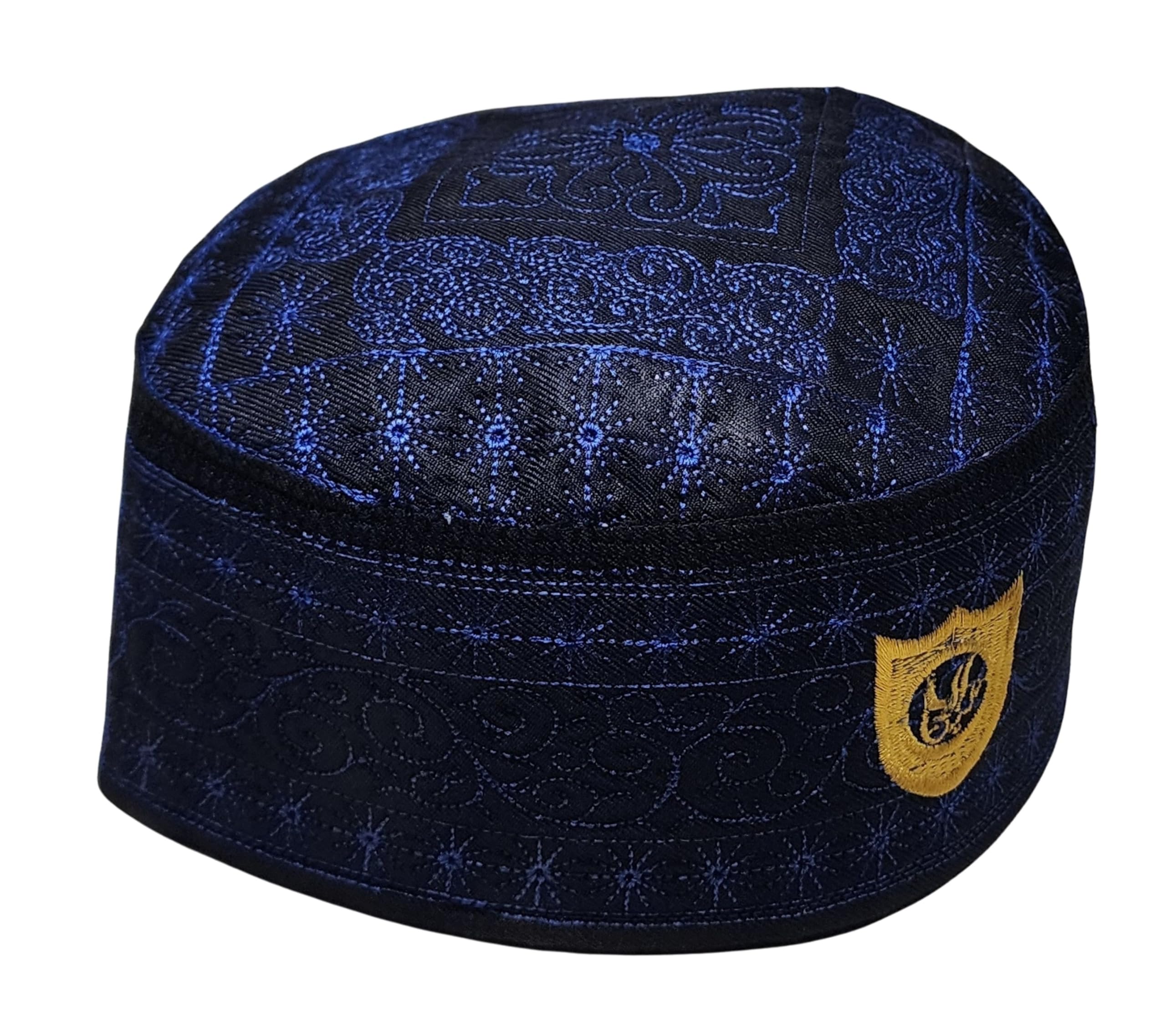 Muslim Kufi Prayer Hat for Men AMN-462 Islam Skull Cap Unique Design Beanie Embroidered Round Topi Headwear Ramadan Eid Gift, Bk_Blue, XS