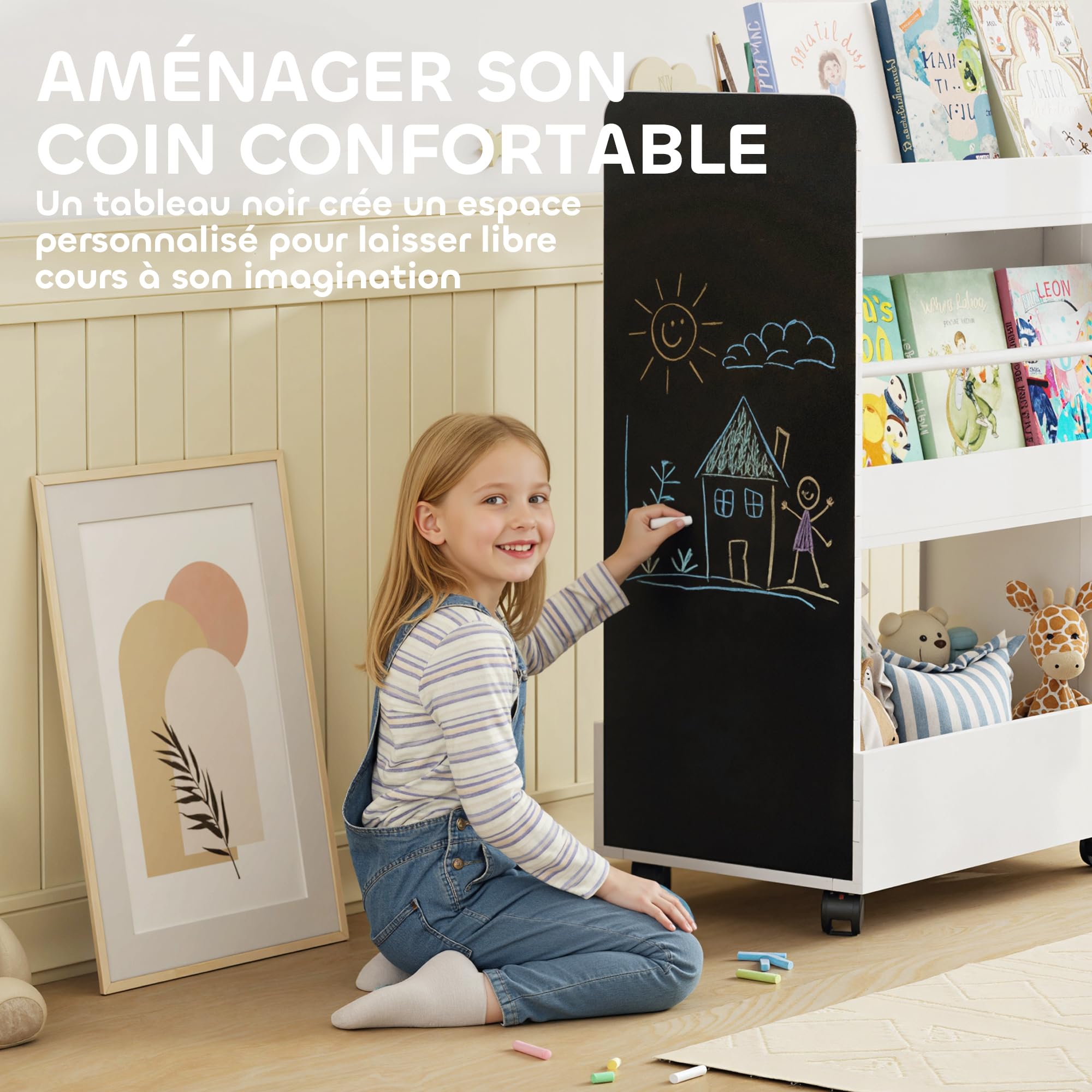 AIYAPLAY Bibliothèque pour Enfant 3 à 8 Ans avec roulettes, Rangement Livre Enfant avec Tableau Noir, Meuble de Rangement, pour Salle de Jeux, Blanc