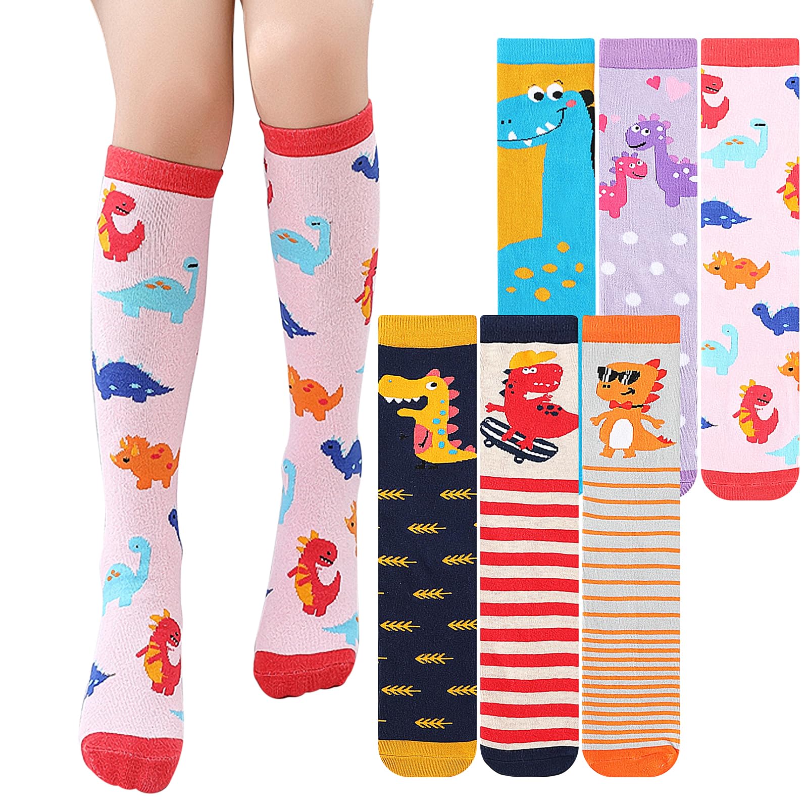 XEPST 6 Pares De Calcetines Hasta la Rodilla para Niñas - Calcetines hasta la Rodilla de Dibujos Animados Calcetines de Bota de Algodón a Media Pierna para Niñas de 3 a 12 Años-Talla Única