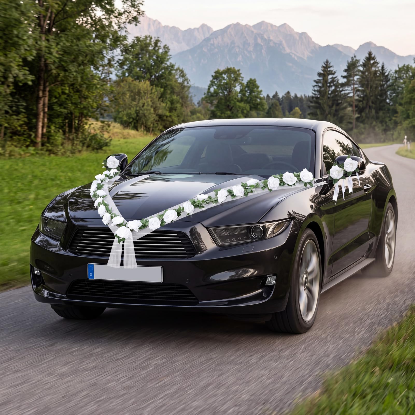 Autoschmuck Hochzeit Motorhaube, Autoschleifen Hochzeit Auto Deko, Auto Hochzeitsschmuck mit 2 x Langerförmig Girlande, 4 x Türgriffblume, 2 x 180cm Tüll – Blumenschmuck Auto Wedding Deko Girlande