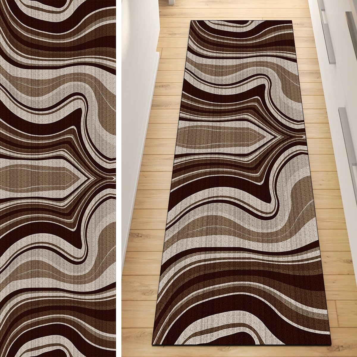 Tappeto runner antiscivolo, per corridoio, marrone, grigio, 90 x 250 cm, patchwork, lavabile, decorazione per la casa, per cucina, corridoio, soggiorno, zerbino, con retro in gomma, larghezza 40-120